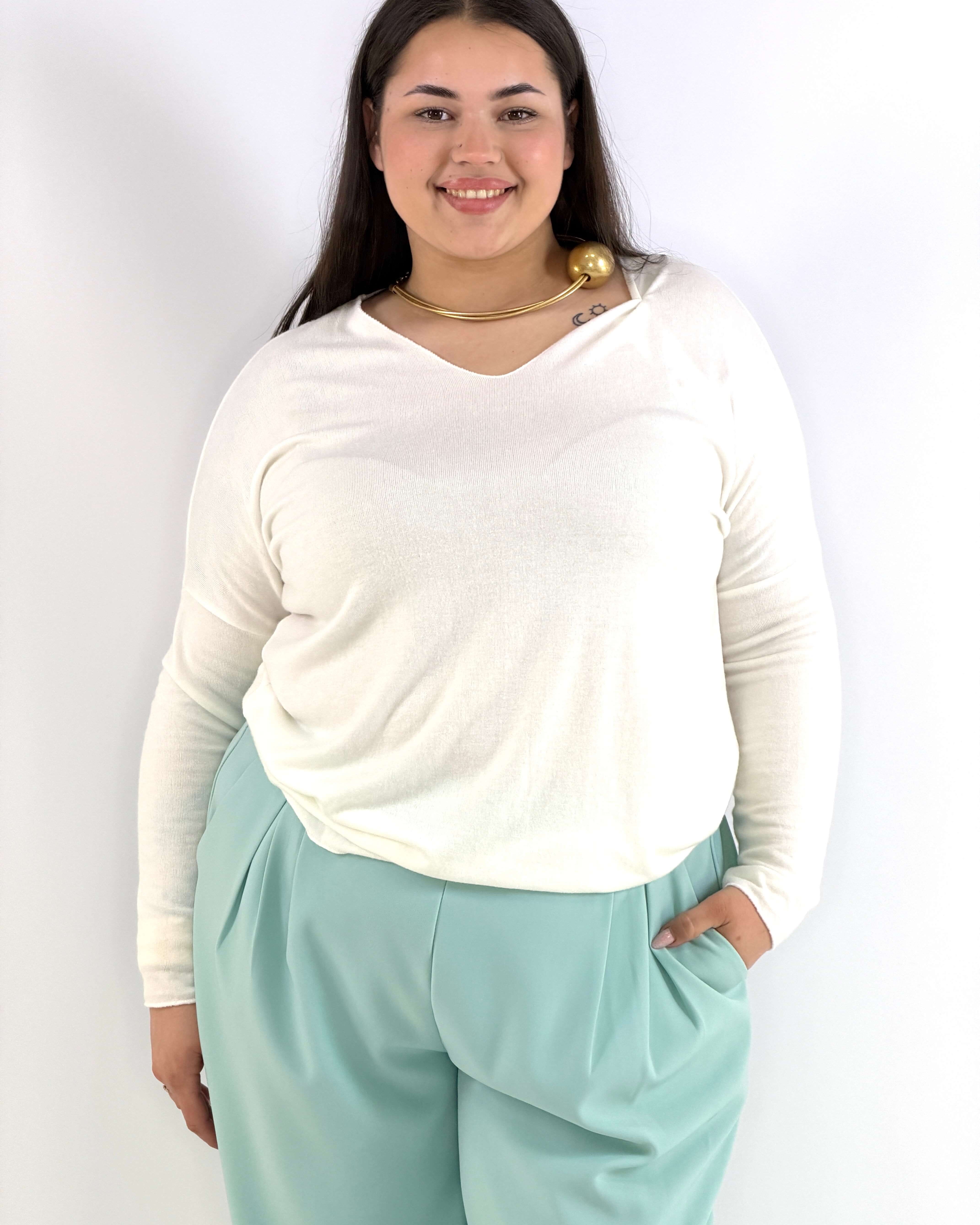 Bluzka plus size sweterkowa ecru – miękka bluzka XXL z długim rękawem Stylowa XL