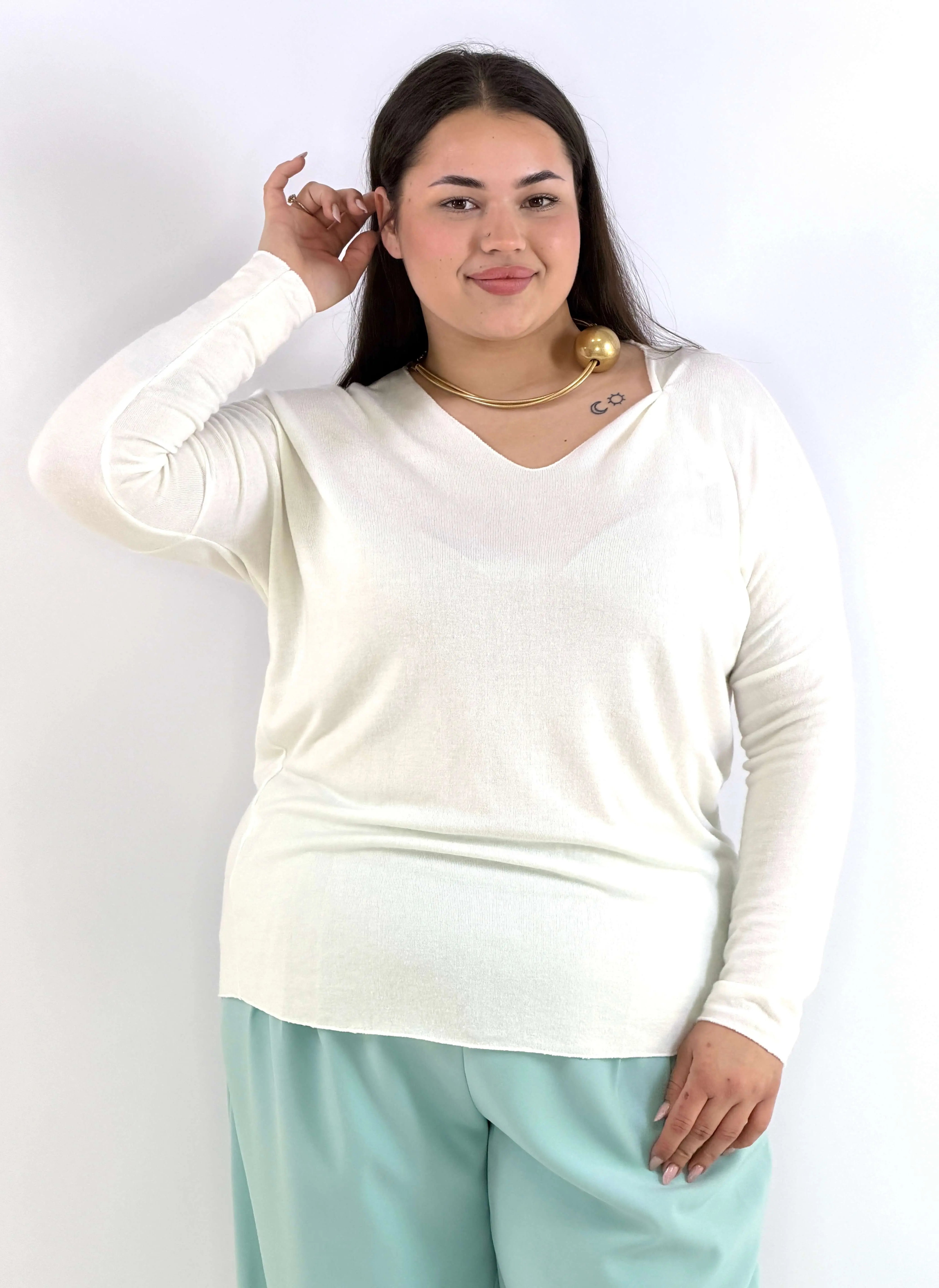 Bluzka plus size sweterkowa ecru – miękka bluzka XXL z długim rękawem Stylowa XL