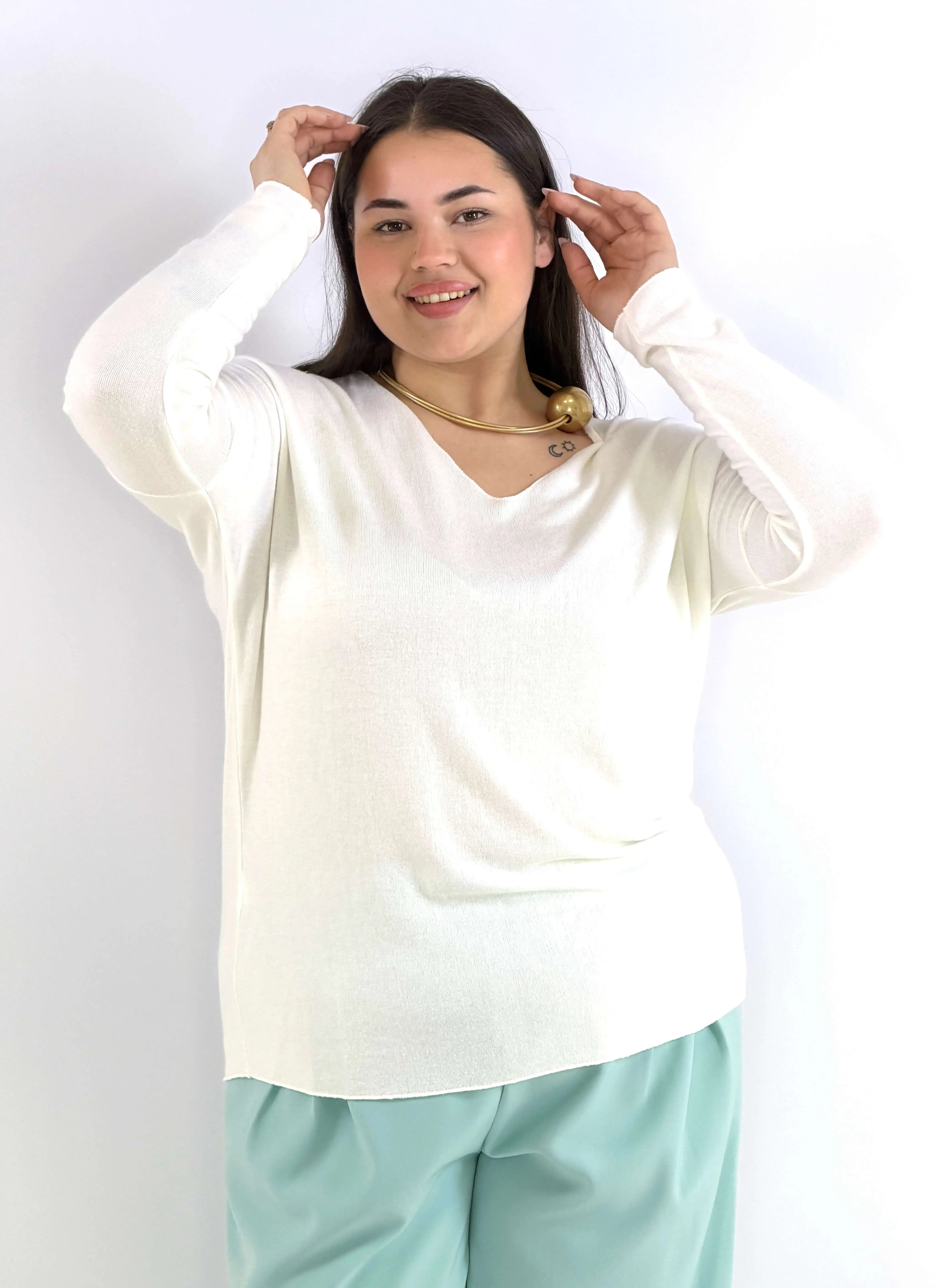 Bluzka plus size sweterkowa ecru – miękka bluzka XXL z długim rękawem Stylowa XL