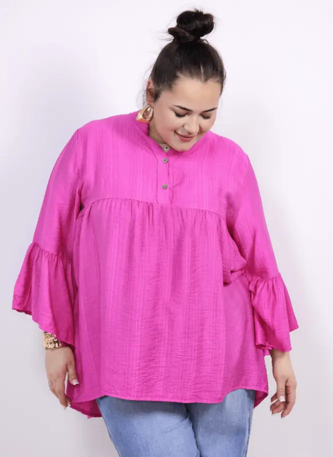 Bluzka plus size tunika z guzikami i falbankowym rękawem Stylowa XL