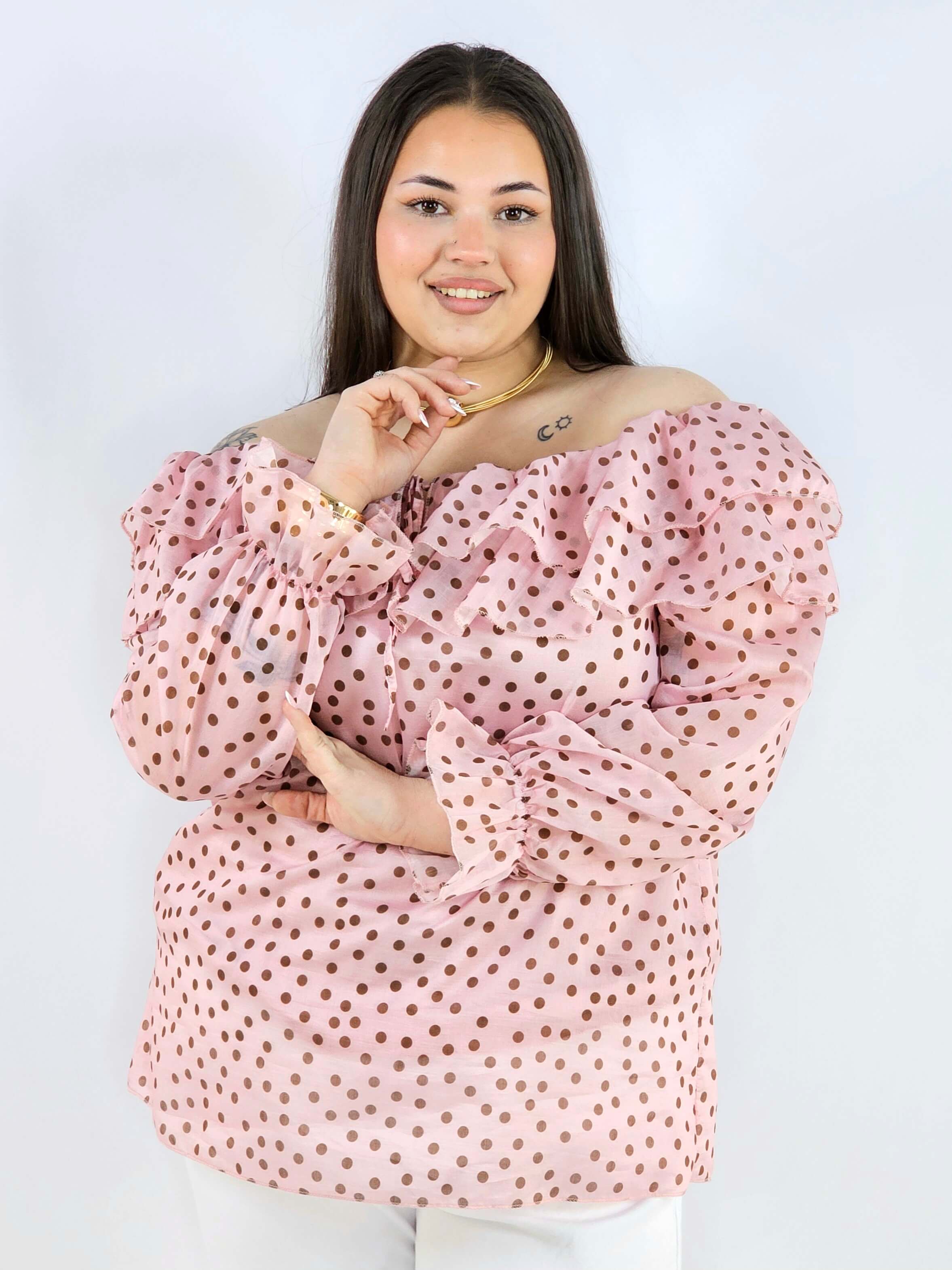 Bluzka plus size w grochy z falbaną i wiązaniem lekka i kobieca Stylowa XL