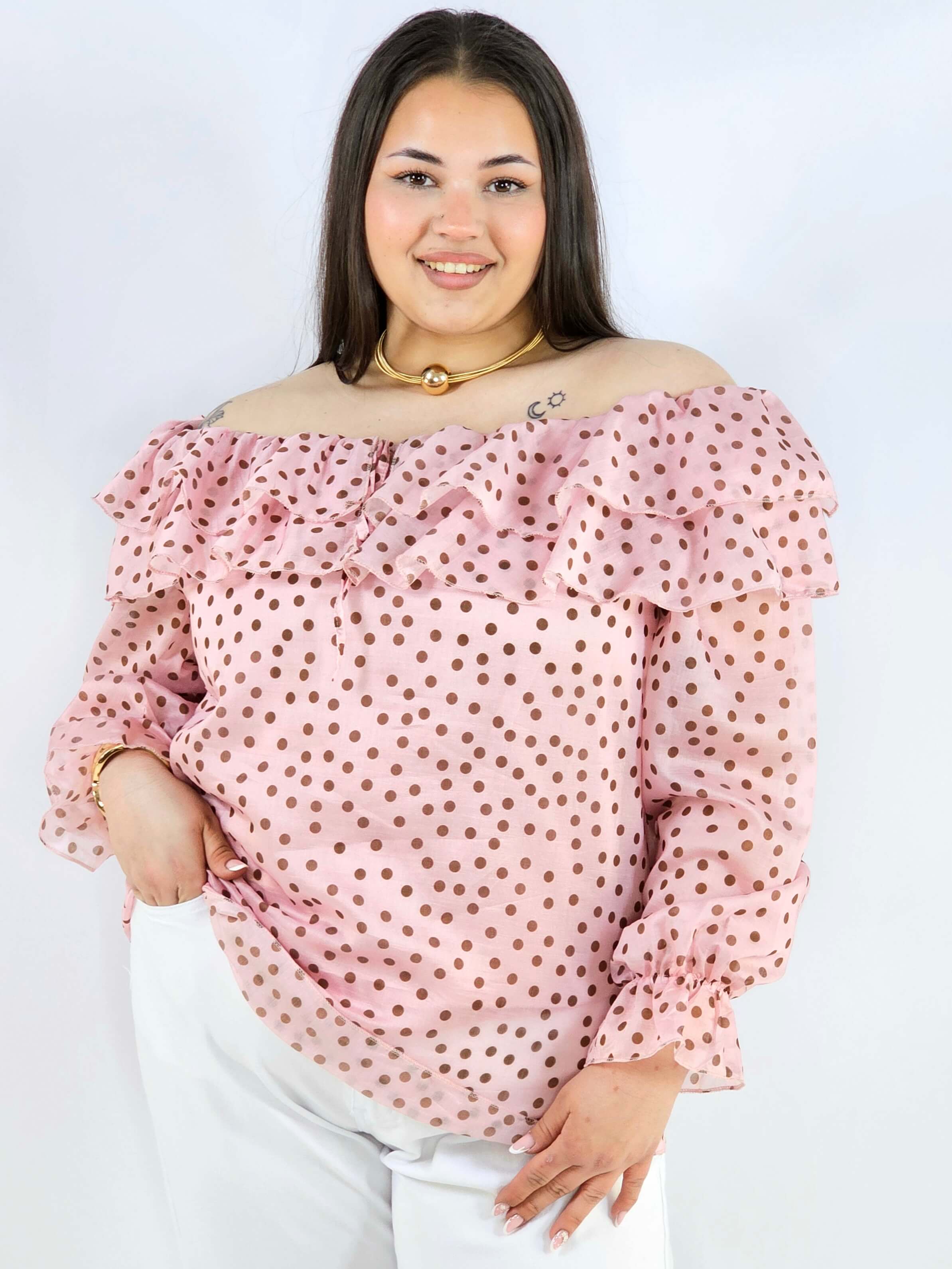 Bluzka plus size w grochy z falbaną i wiązaniem lekka i kobieca Stylowa XL