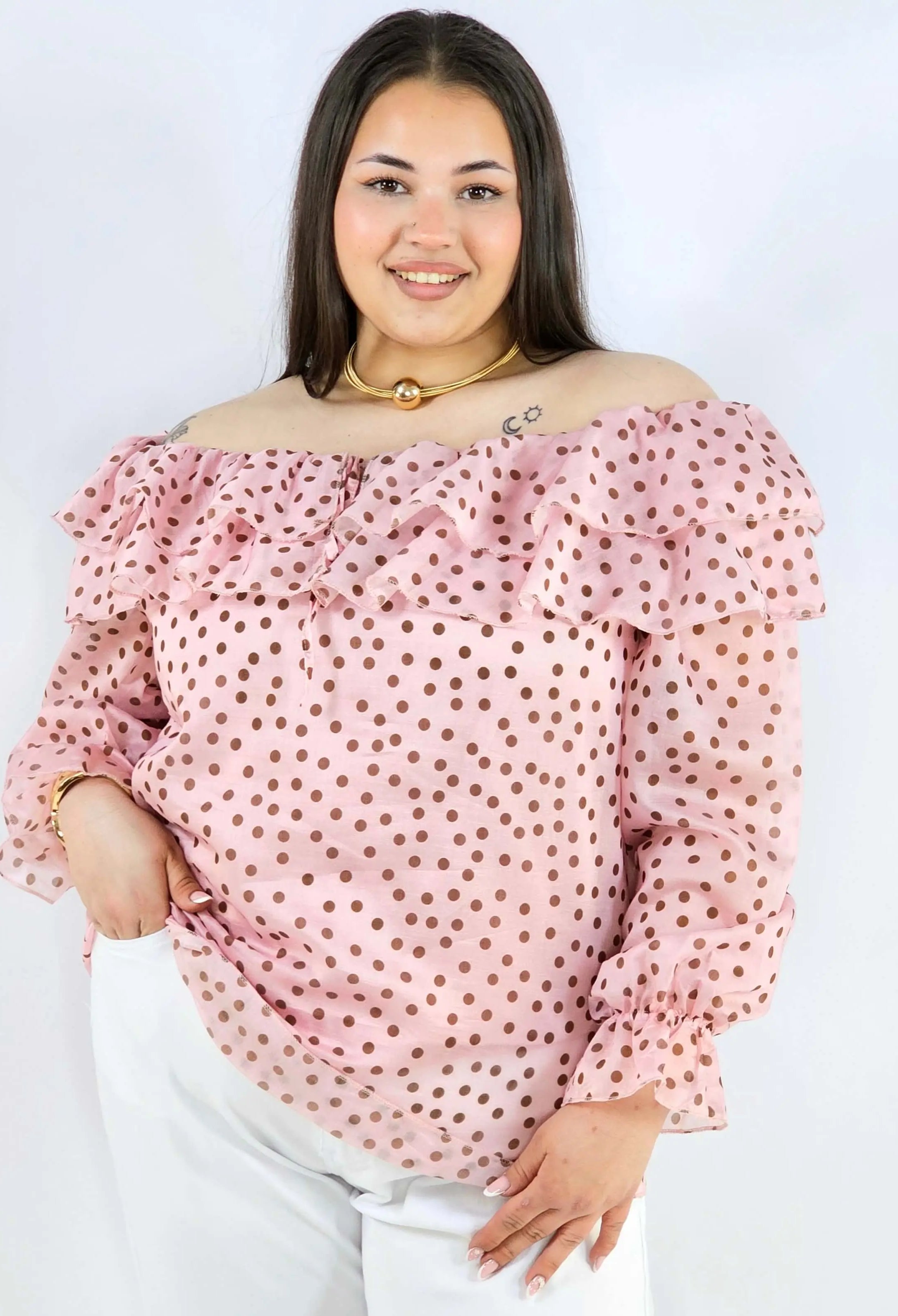 Bluzka plus size w grochy z falbaną i wiązaniem lekka i kobieca Stylowa XL