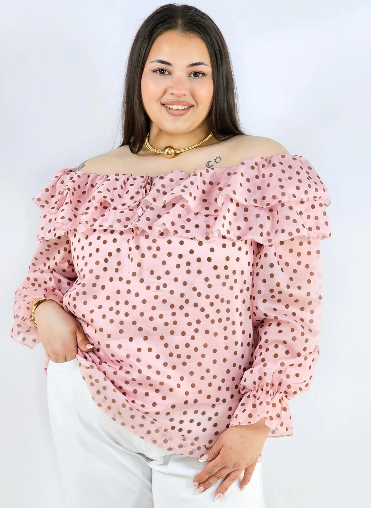 Bluzka plus size w grochy z falbaną i wiązaniem lekka i kobieca Stylowa XL