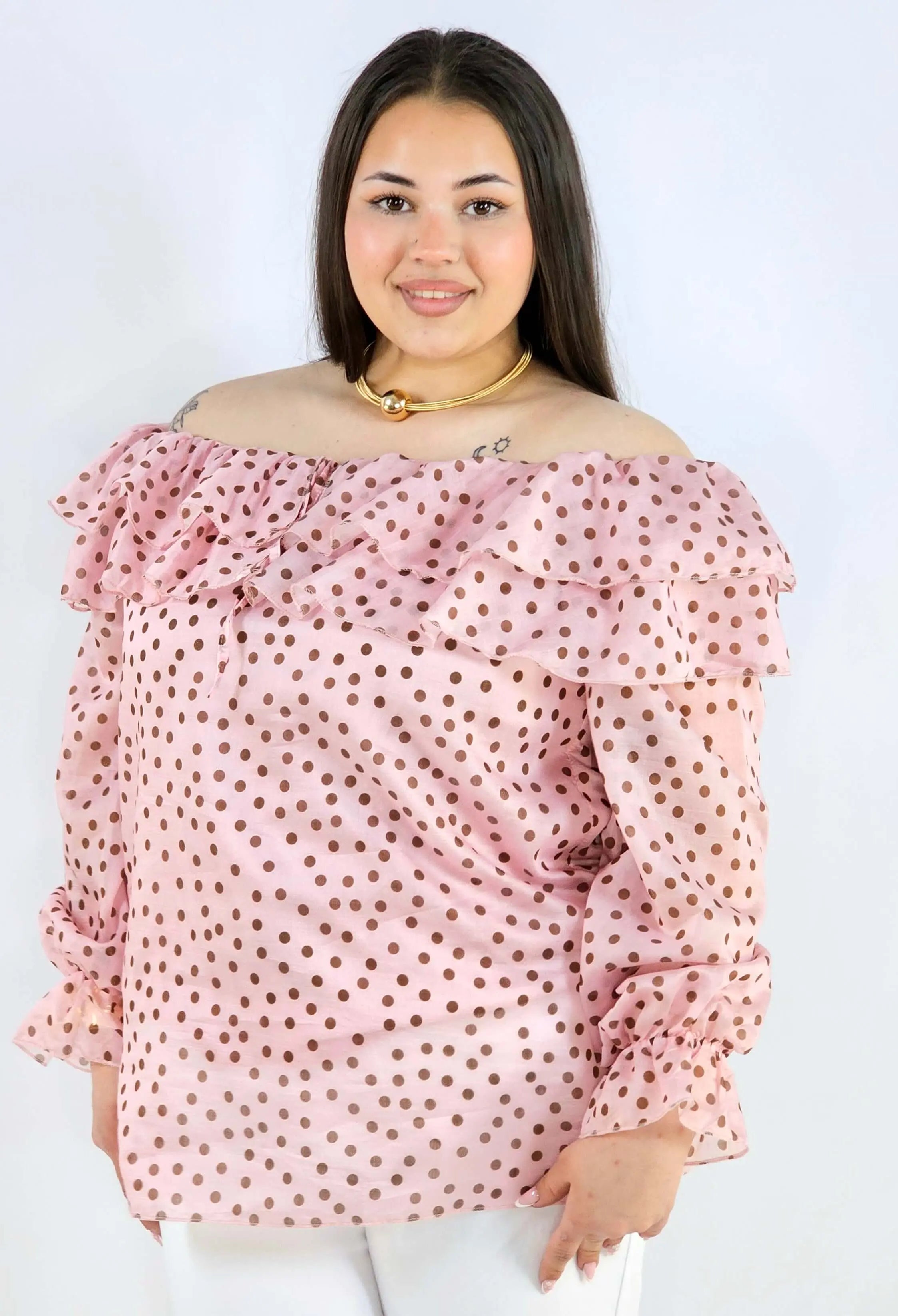 Bluzka plus size w grochy z falbaną i wiązaniem lekka i kobieca Stylowa XL