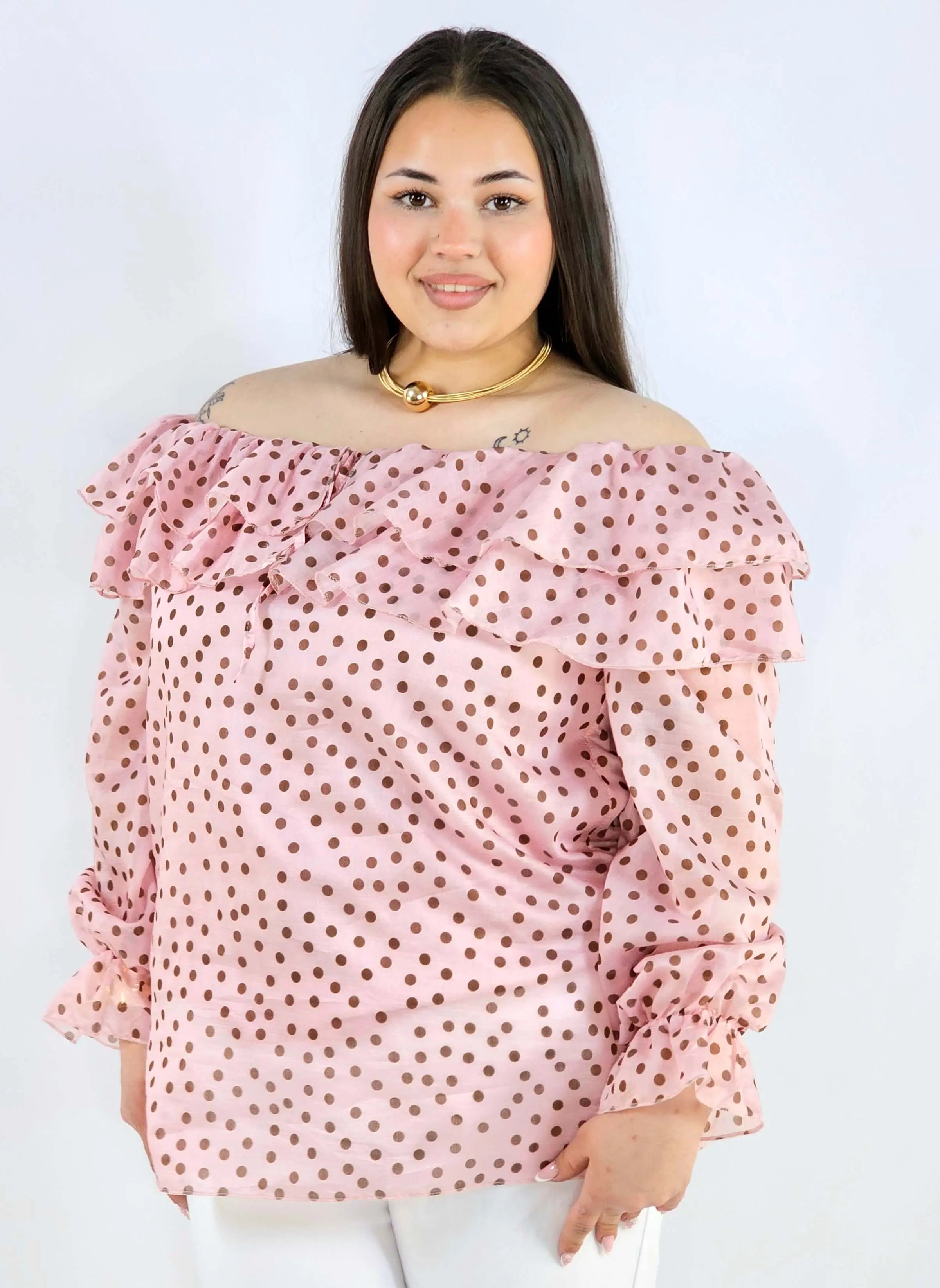 Bluzka plus size w grochy z falbaną i wiązaniem lekka i kobieca Stylowa XL