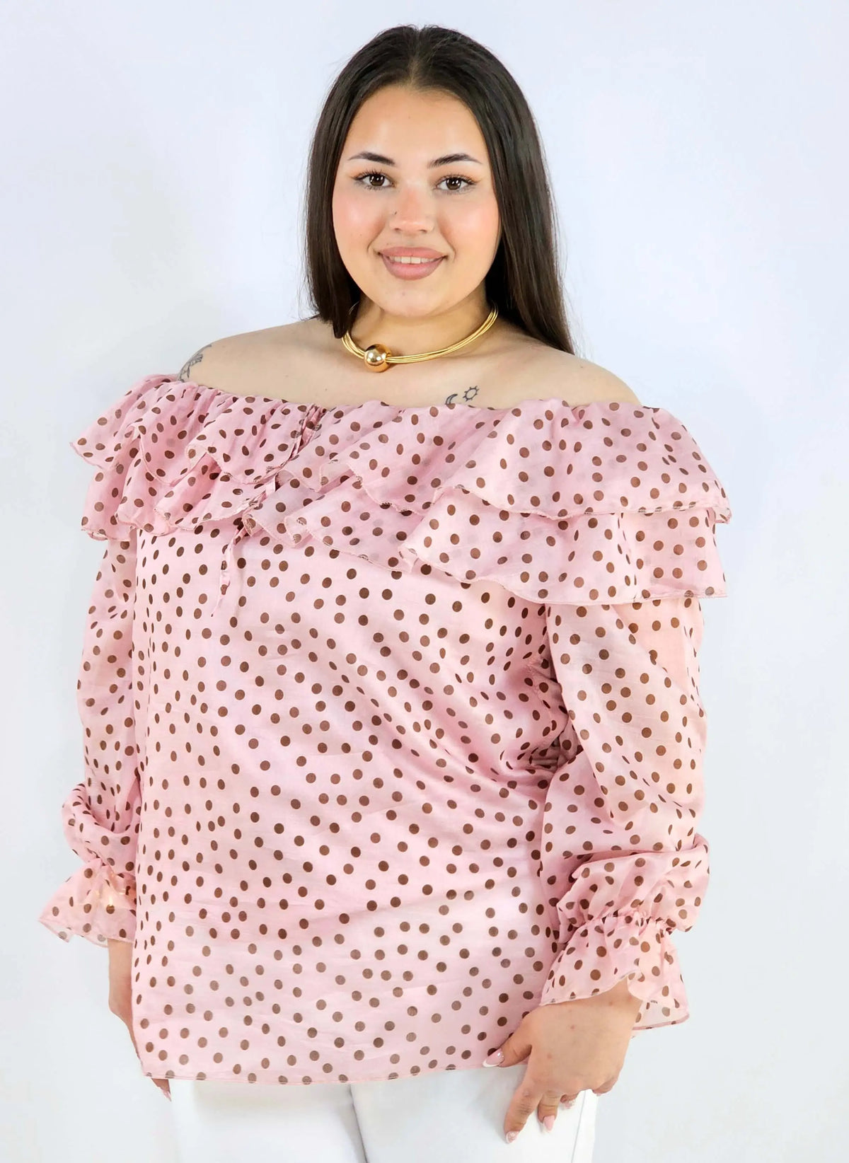 Bluzka plus size w grochy z falbaną i wiązaniem lekka i kobieca Stylowa XL