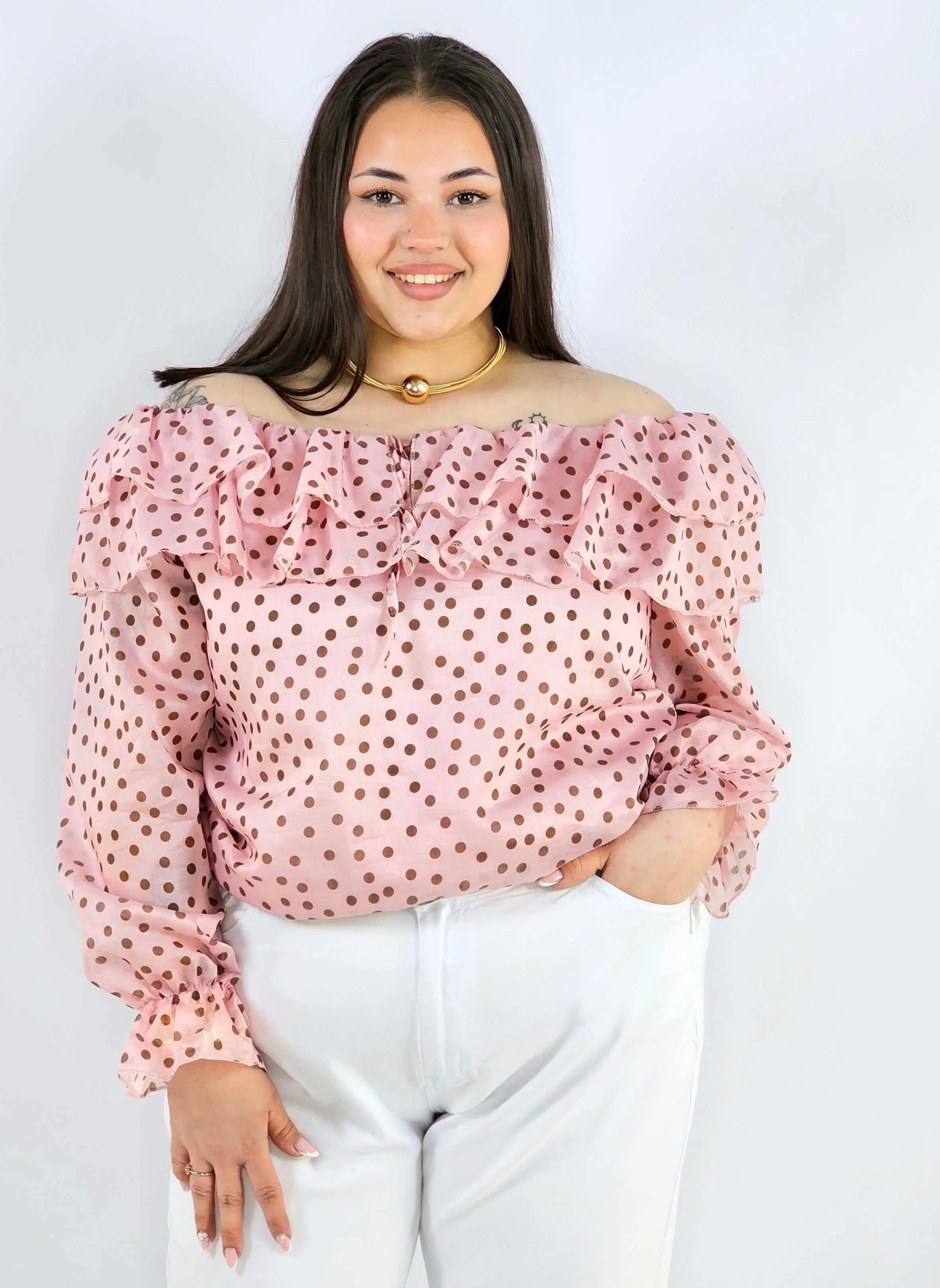 Bluzka plus size w grochy z falbaną i wiązaniem lekka i kobieca Stylowa XL