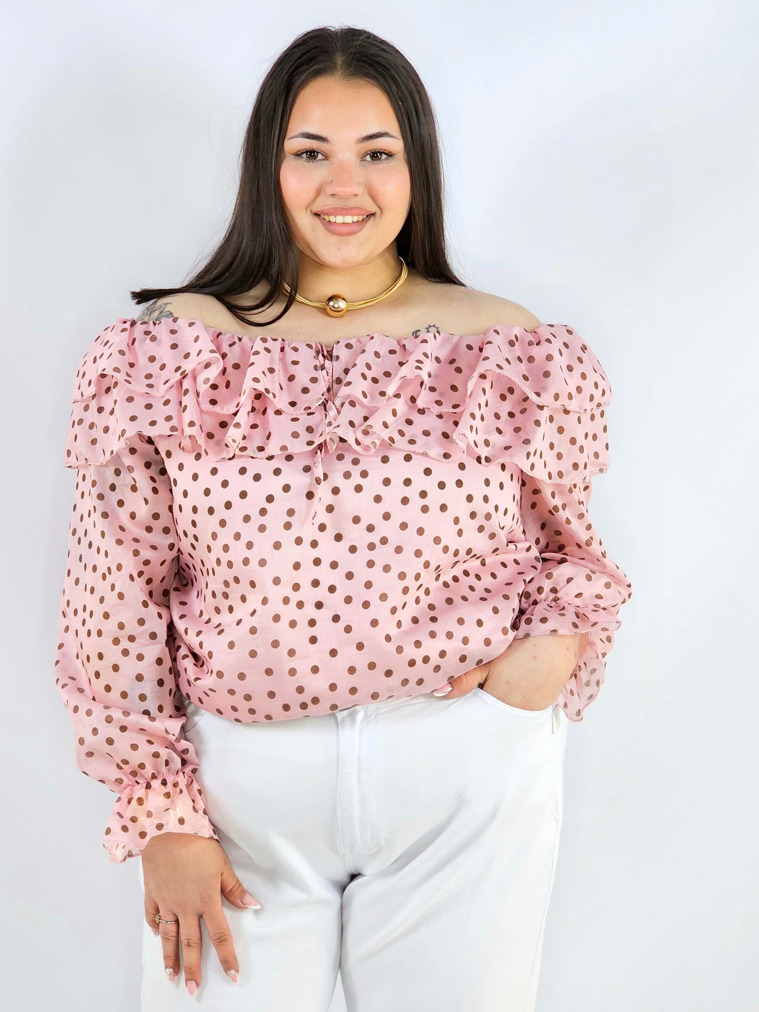 Bluzka plus size w grochy z falbaną i wiązaniem lekka i kobieca Stylowa XL