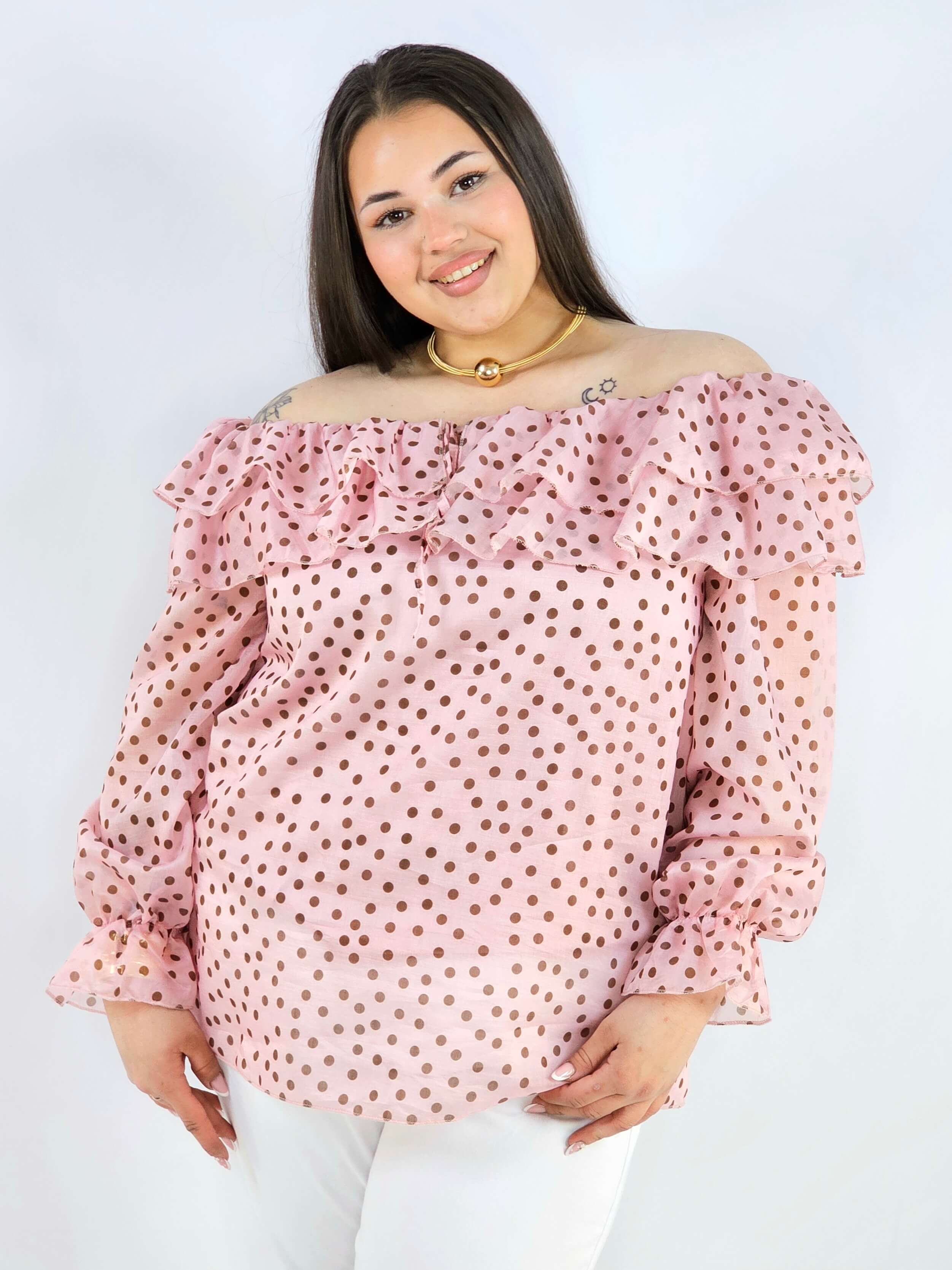 Bluzka plus size w grochy z falbaną i wiązaniem lekka i kobieca Stylowa XL