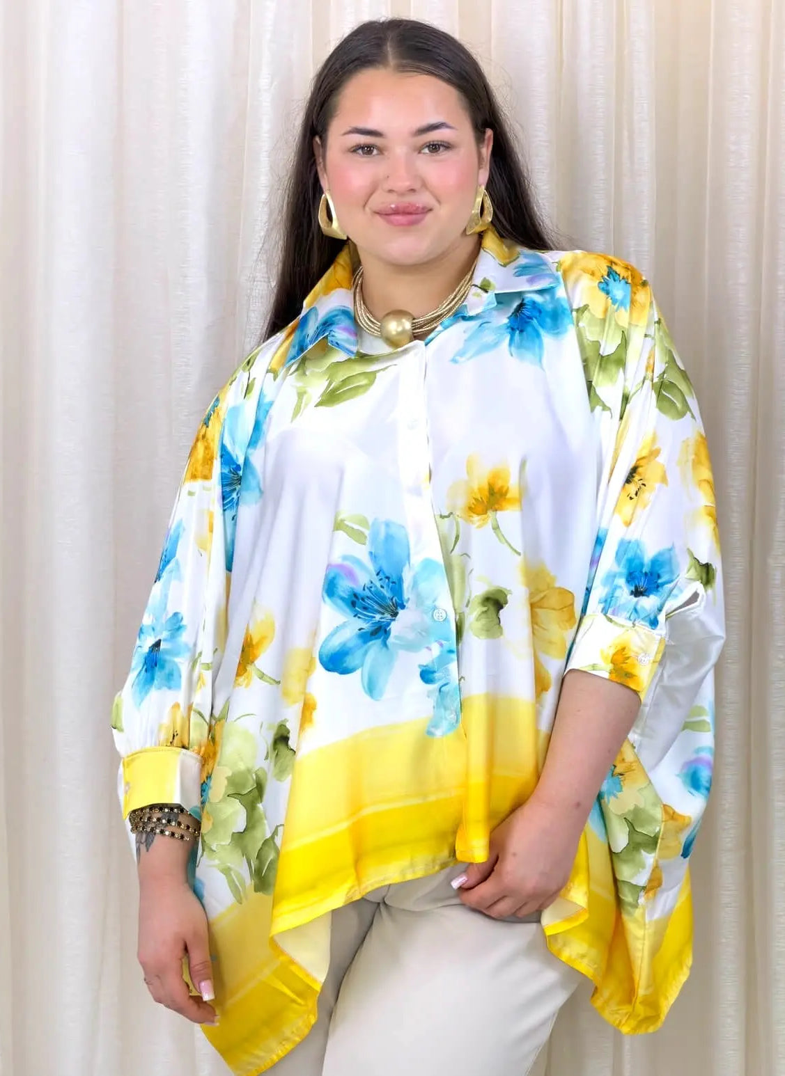 Bluzka plus size w kwiaty – lekka koszula XXL w żółto-niebieski print Stylowa XL