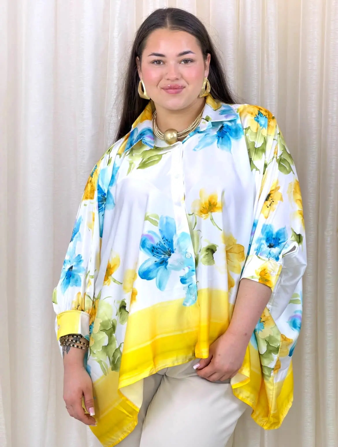 Bluzka plus size w kwiaty – lekka koszula XXL w żółto-niebieski print Stylowa XL