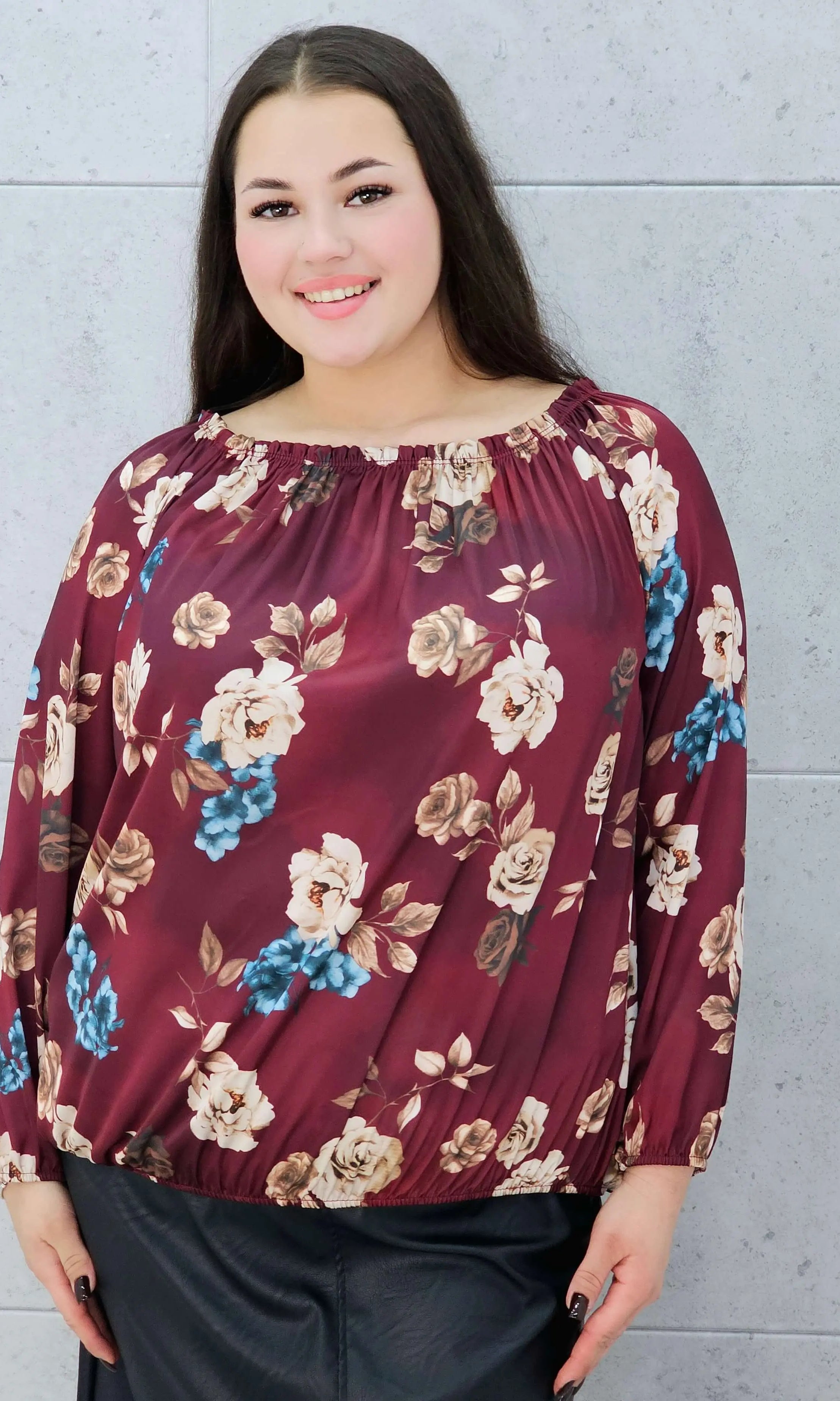 Bluzka hiszpanka plus size w kwiaty bordowa – Stylowa XL