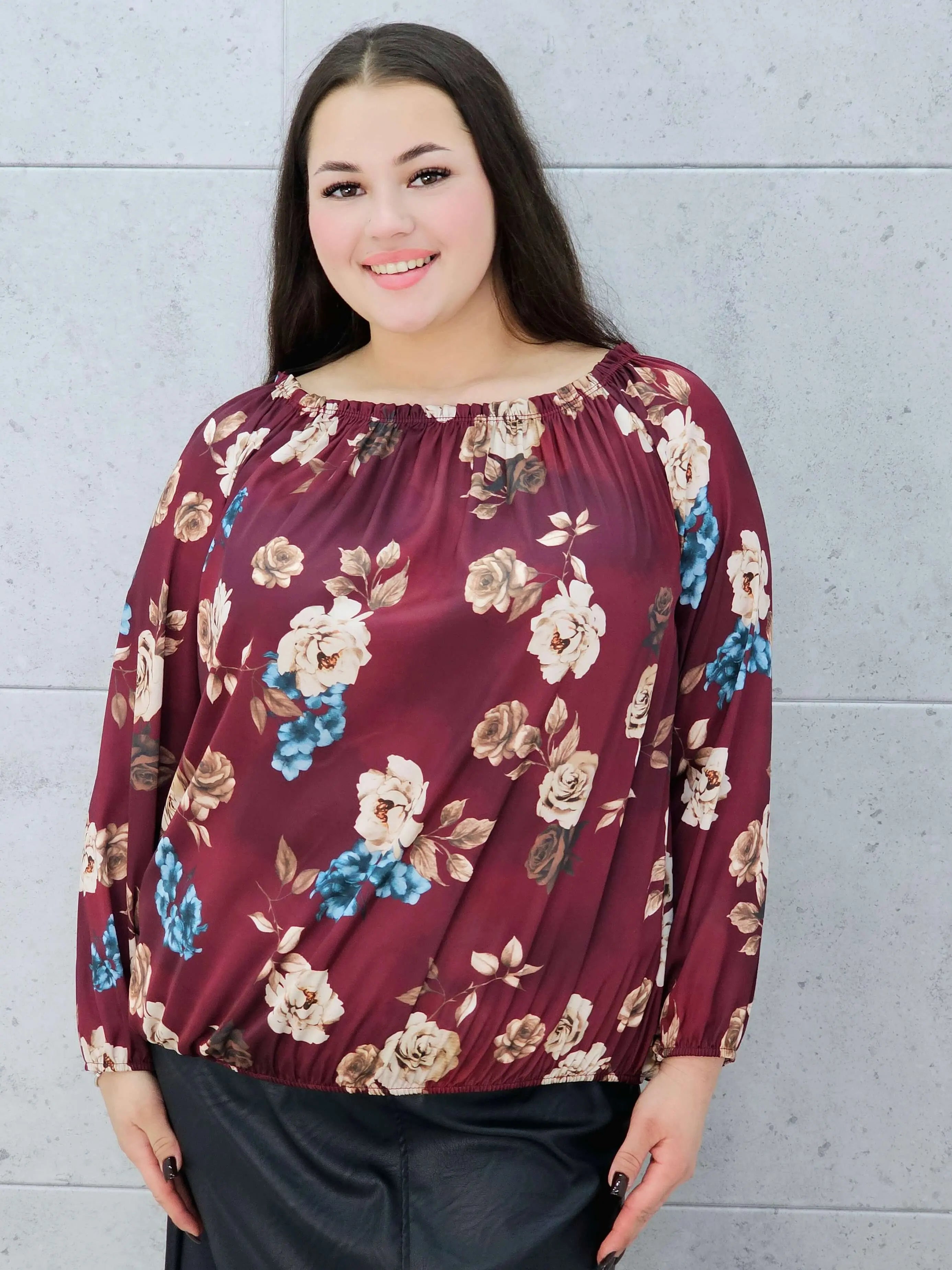 Bluzka hiszpanka plus size w kwiaty bordowa – Stylowa XL