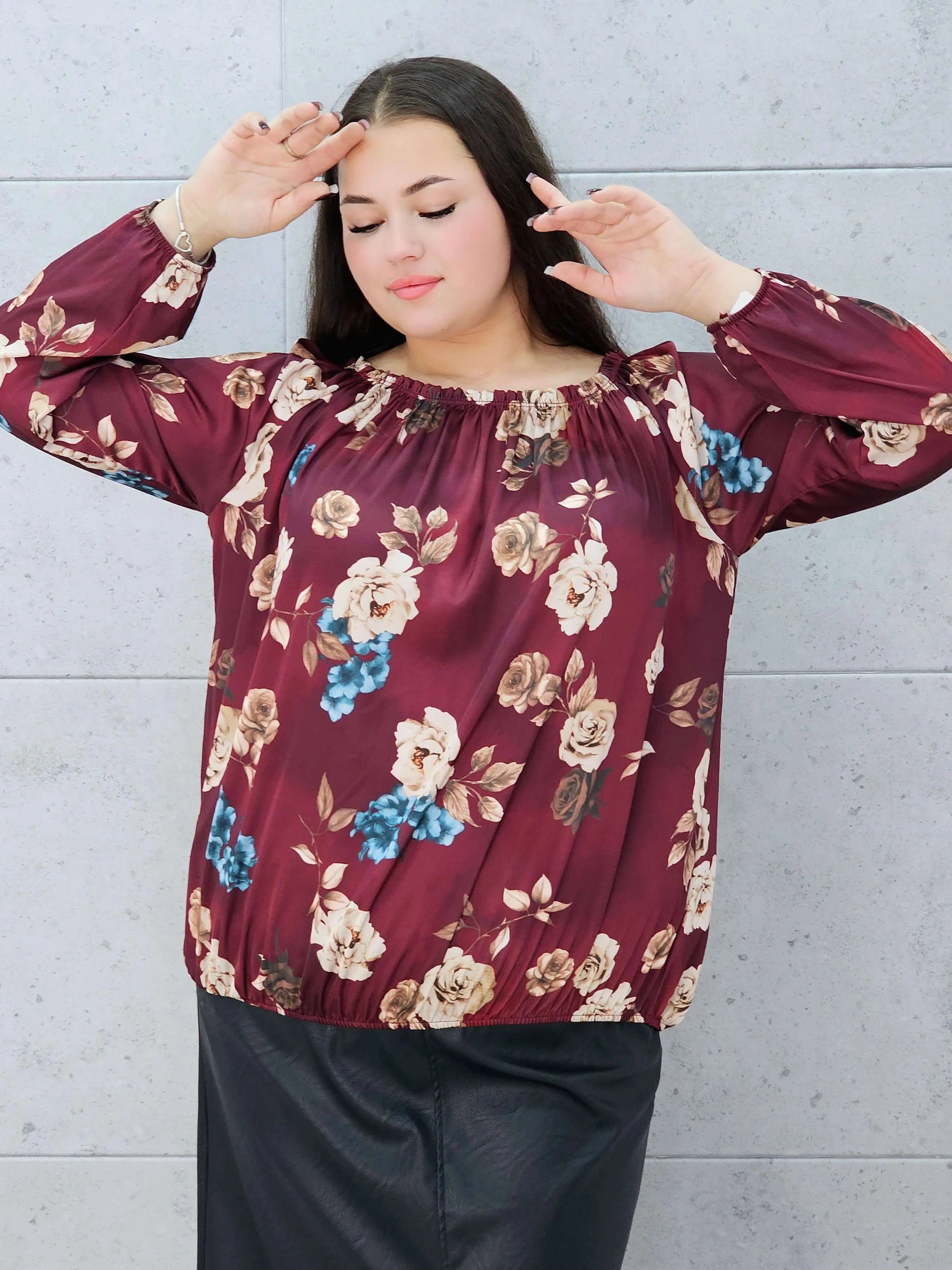Bluzka hiszpanka plus size w kwiaty bordowa – Stylowa XL w całości
