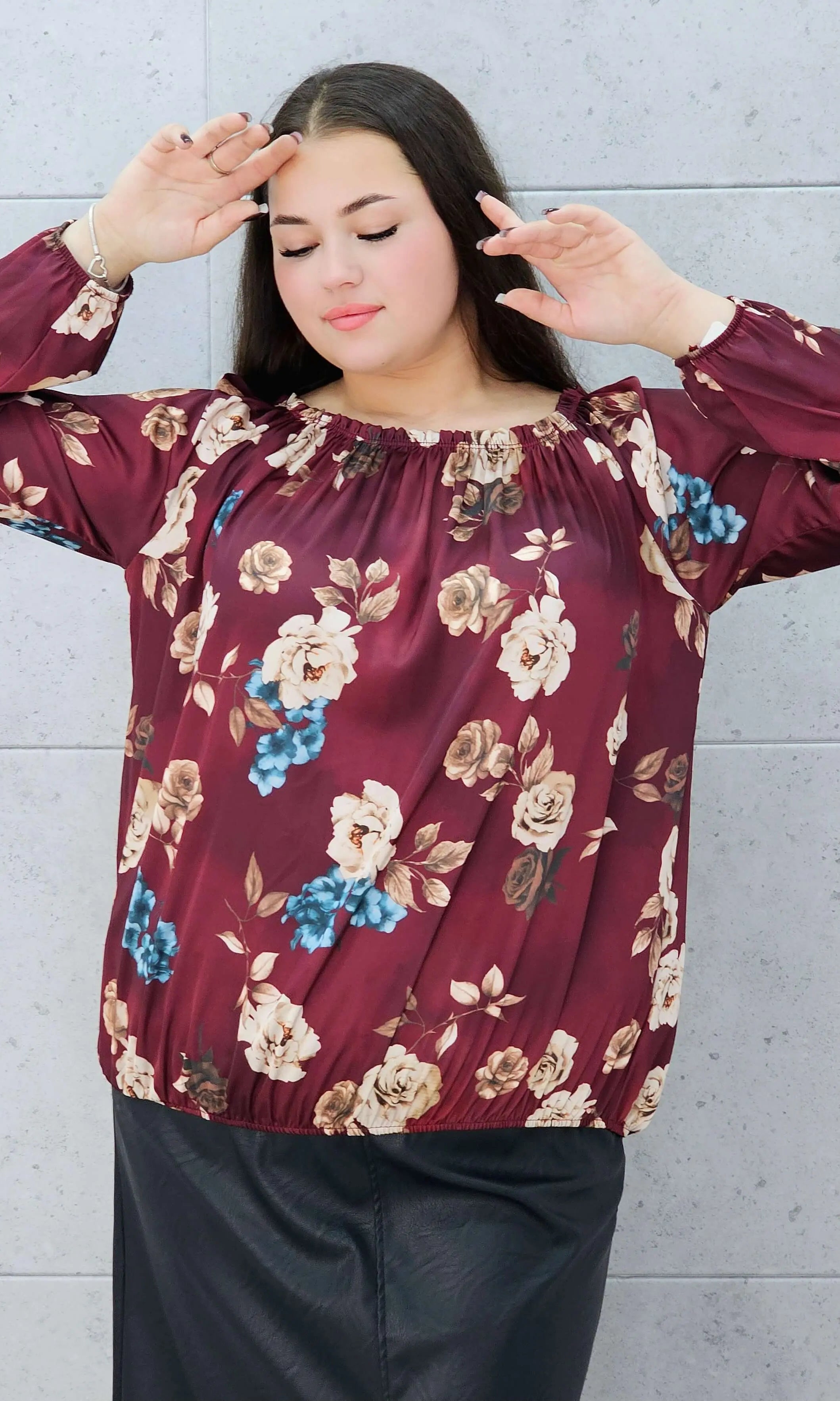 Bluzka hiszpanka plus size w kwiaty bordowa – Stylowa XL w całości