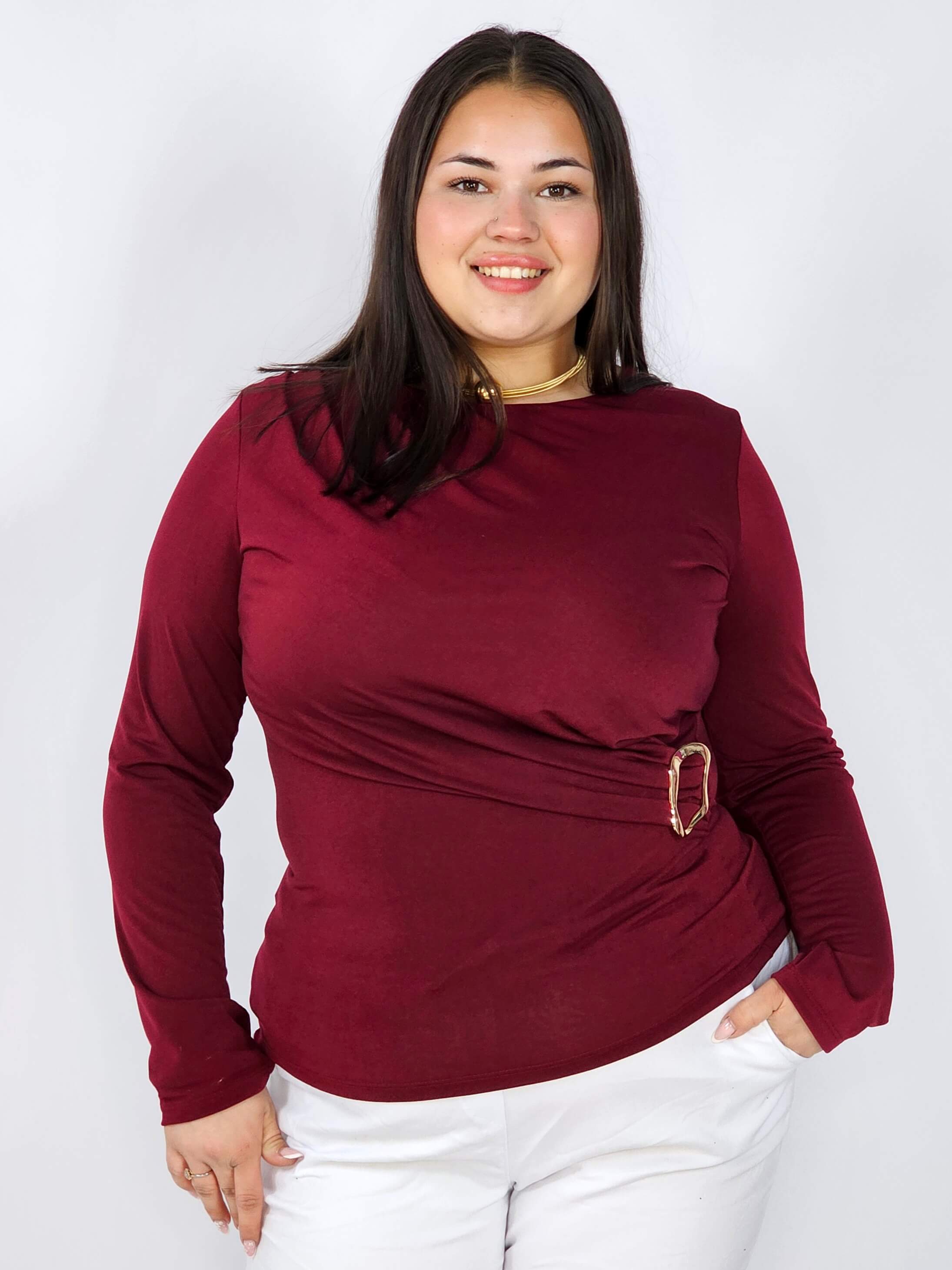 Bluzka plus size z asymetrycznym marszczeniem i ozdobną klamrą Stylowa XL