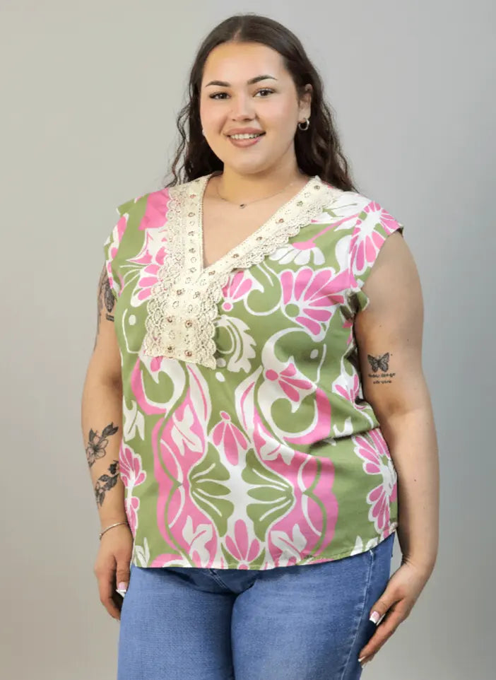 Bluzka plus size z dekoltem V i koronkową aplikacją Stylowa XL