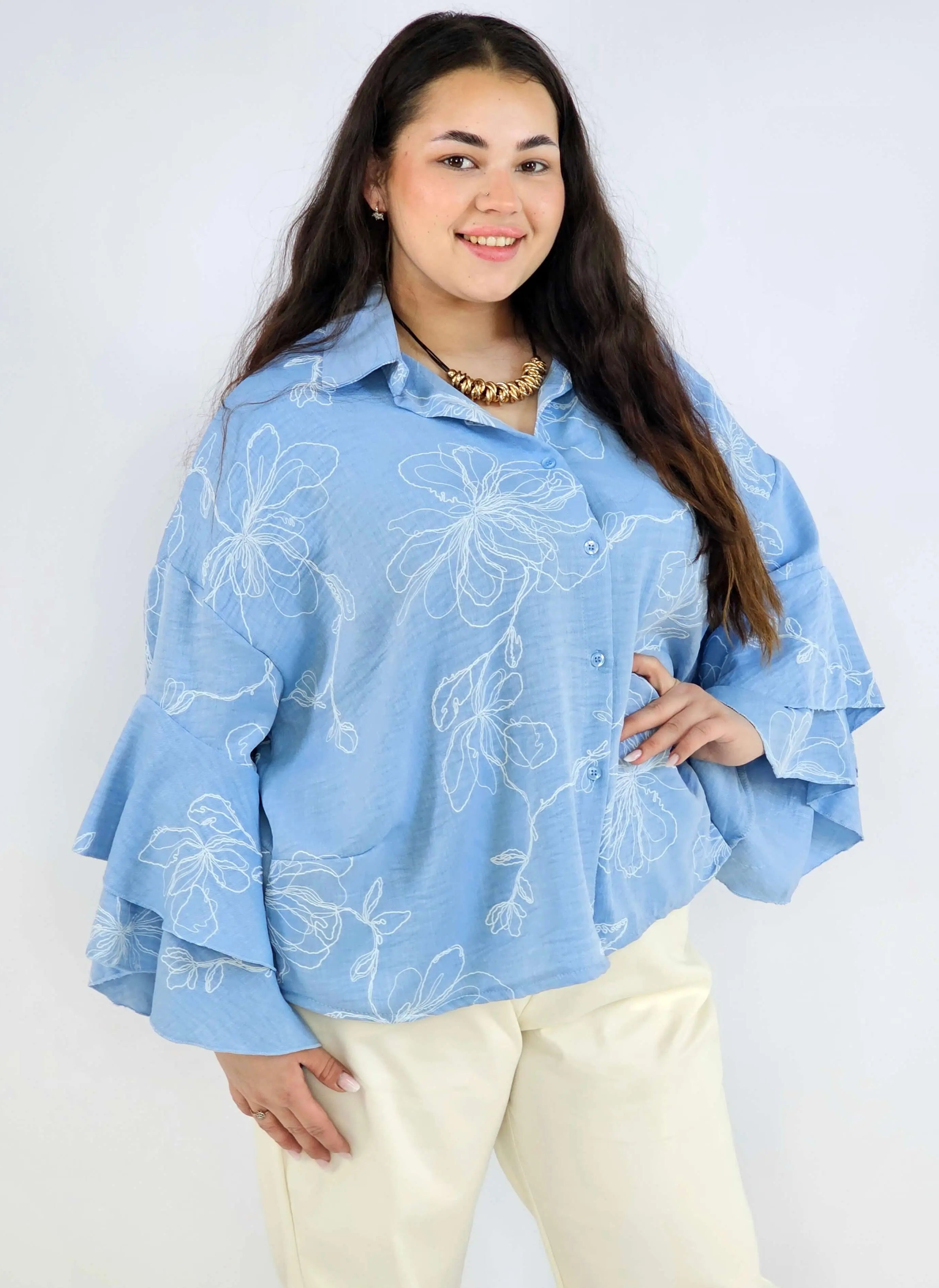 Bluzka plus size z falbaniastym rękawem i kwiatowym wzorem Stylowa XL
