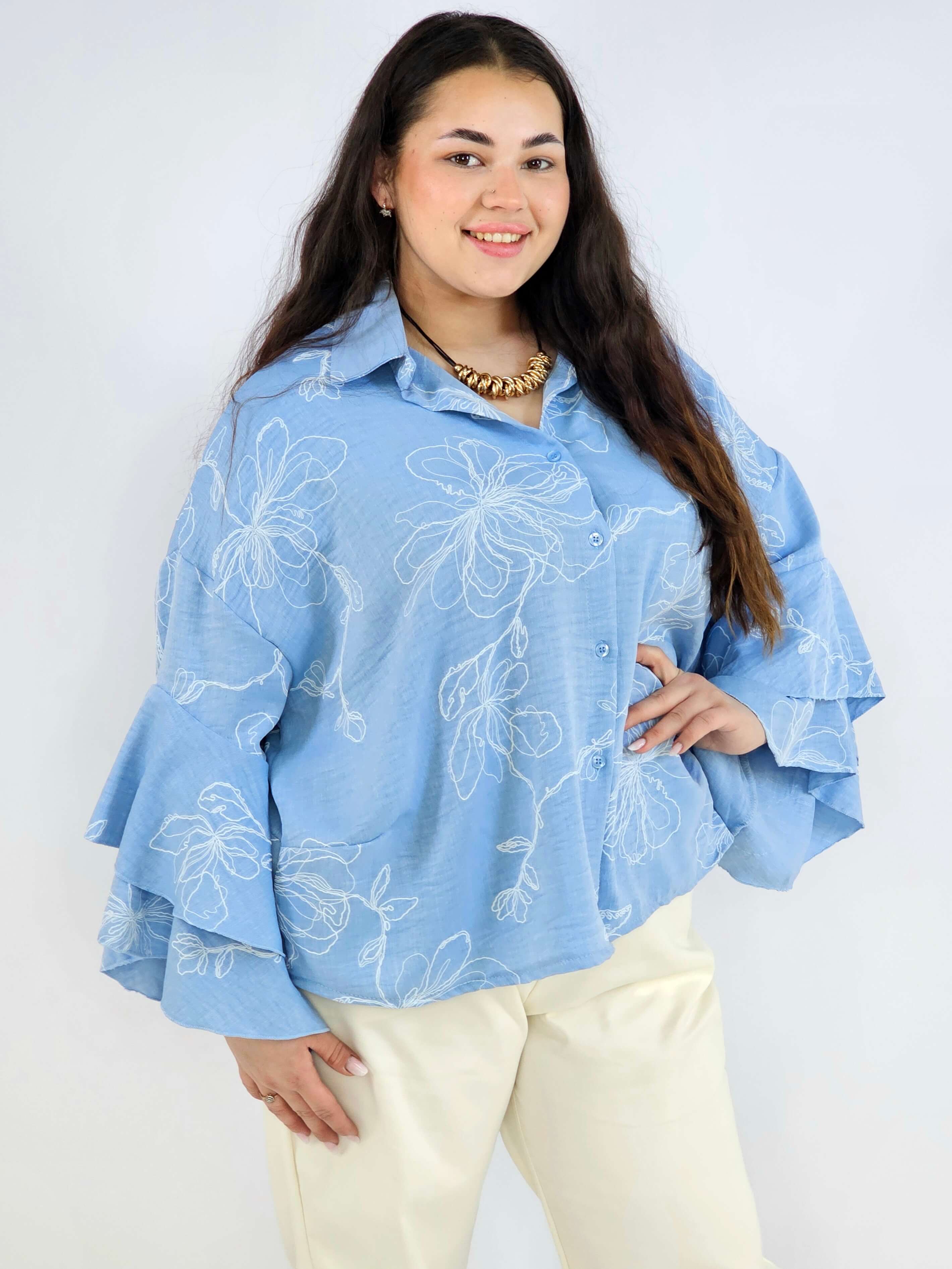 Bluzka plus size z falbaniastym rękawem i kwiatowym wzorem Stylowa XL