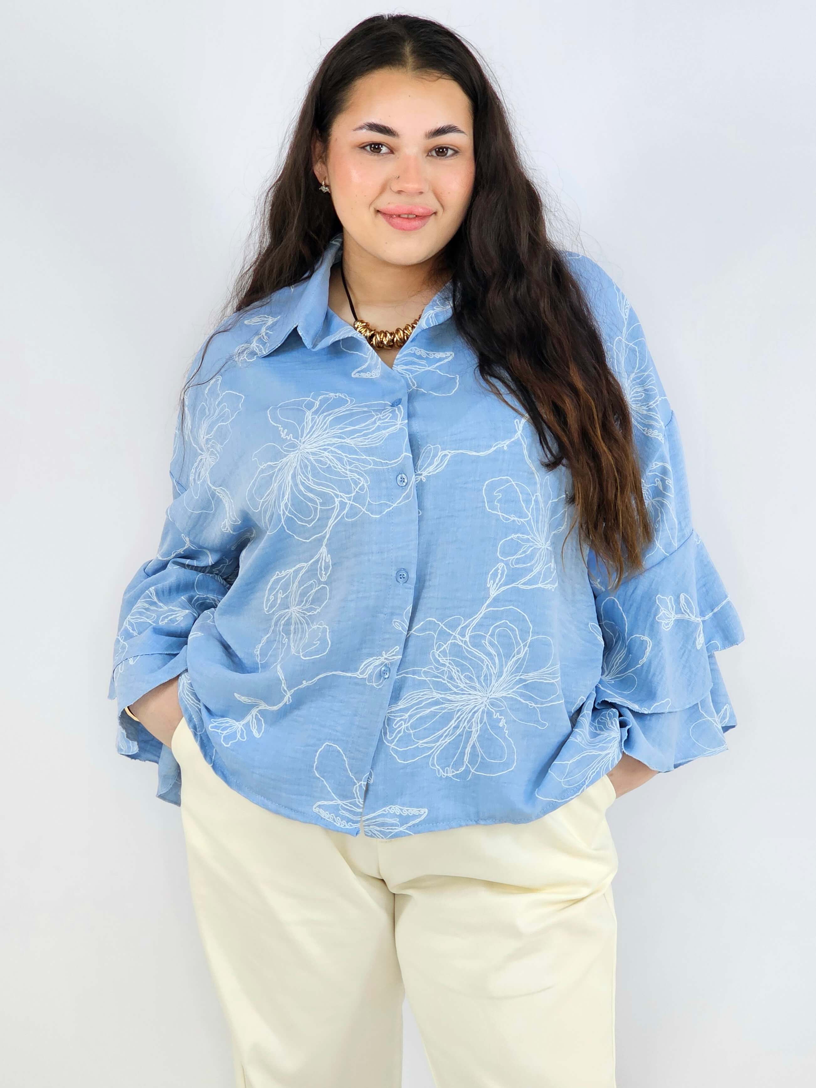 Bluzka plus size z falbaniastym rękawem i kwiatowym wzorem Stylowa XL