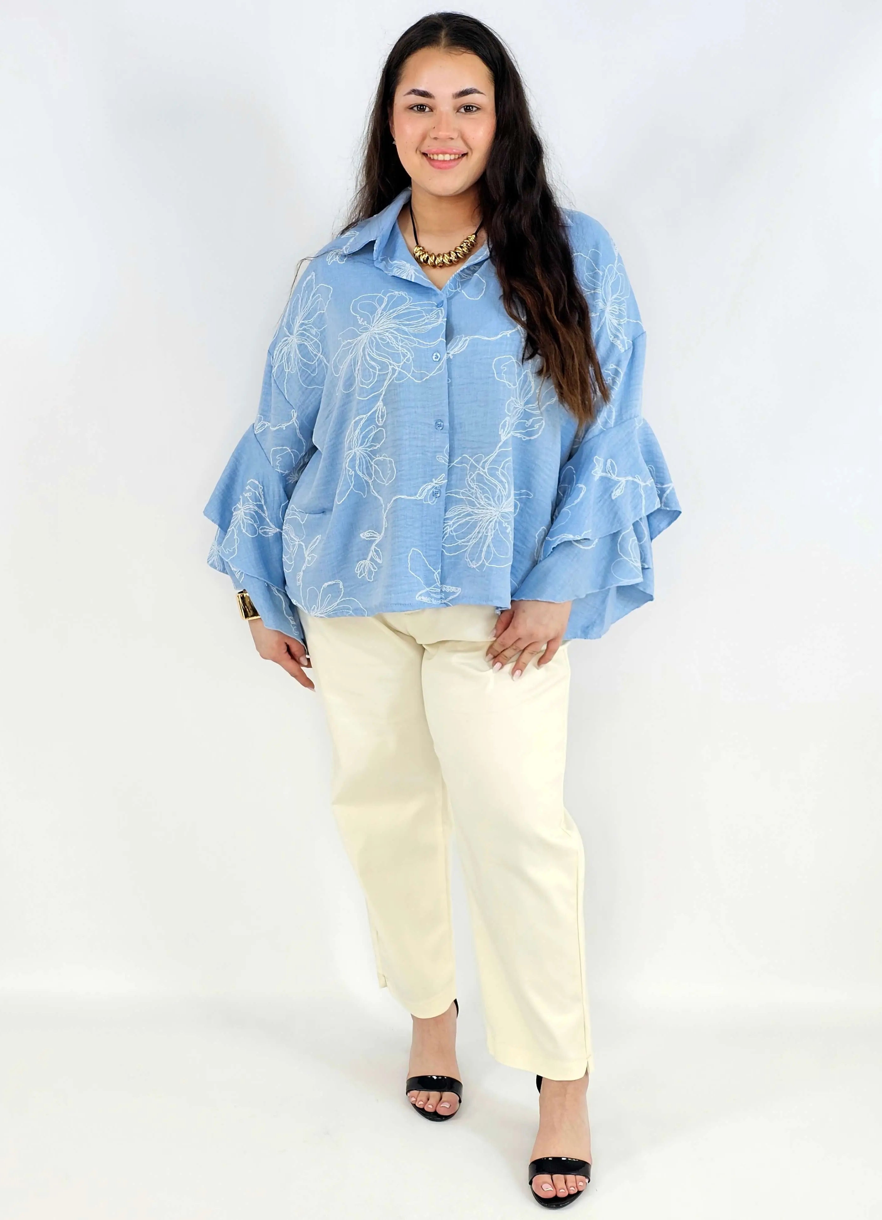Bluzka plus size z falbaniastym rękawem i kwiatowym wzorem Stylowa XL