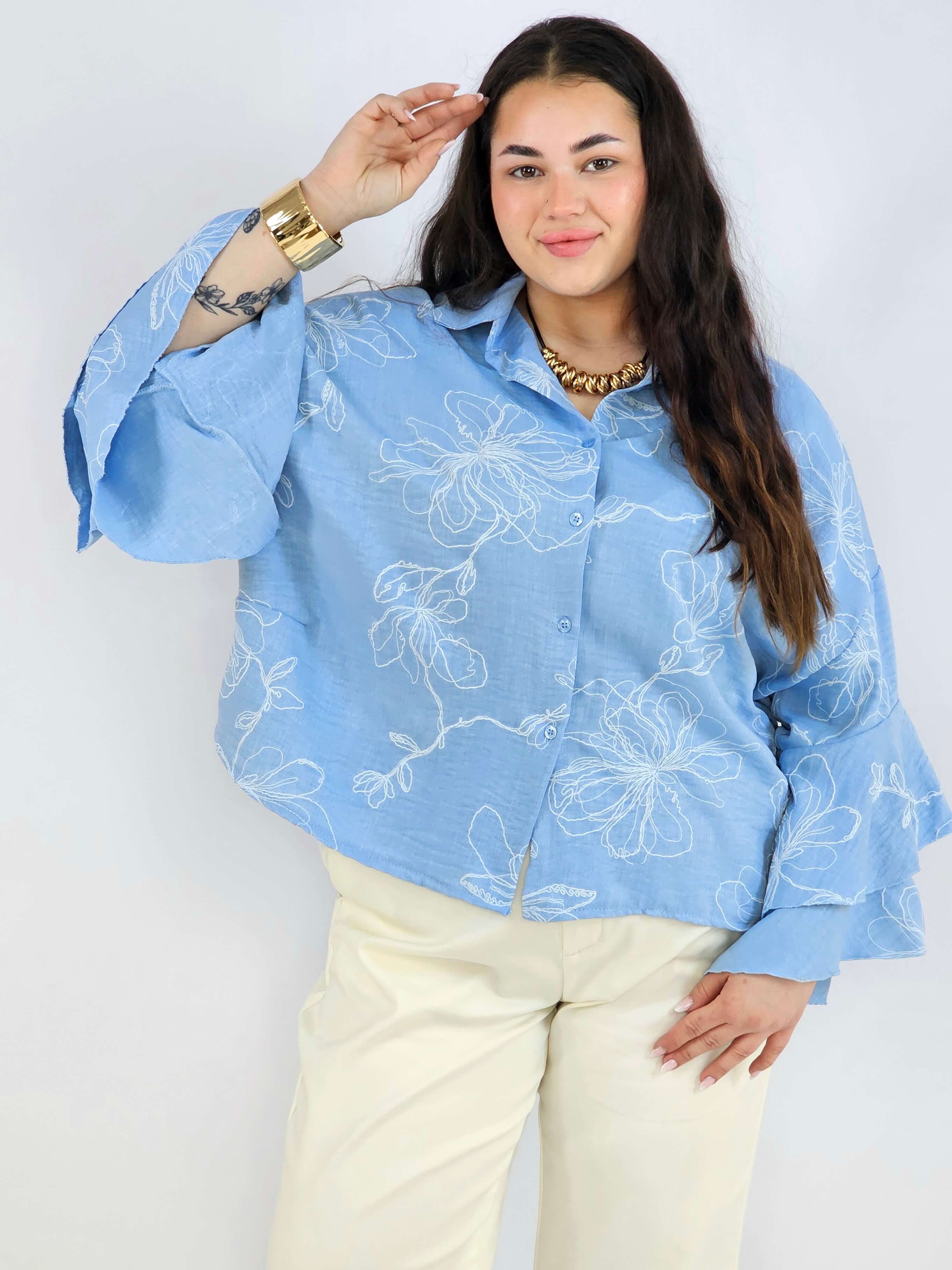 Bluzka plus size z falbaniastym rękawem i kwiatowym wzorem Stylowa XL