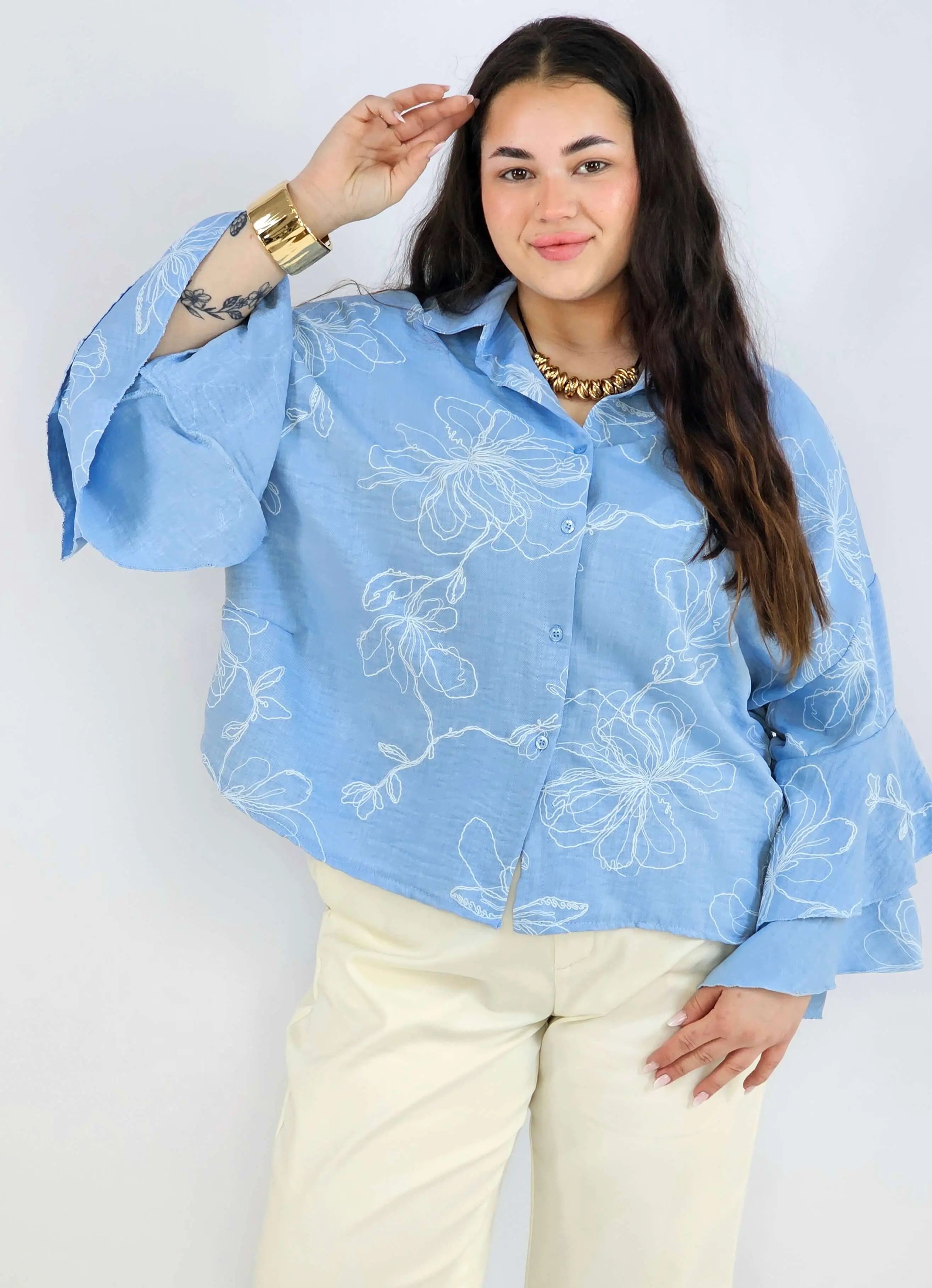 Bluzka plus size z falbaniastym rękawem i kwiatowym wzorem Stylowa XL