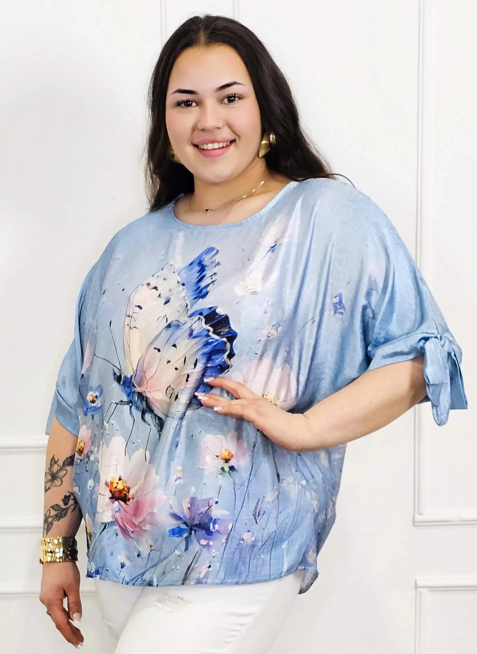 Bluzka plus size z kolorowym nadrukiem i wiązaniem rękawów Stylowa XL