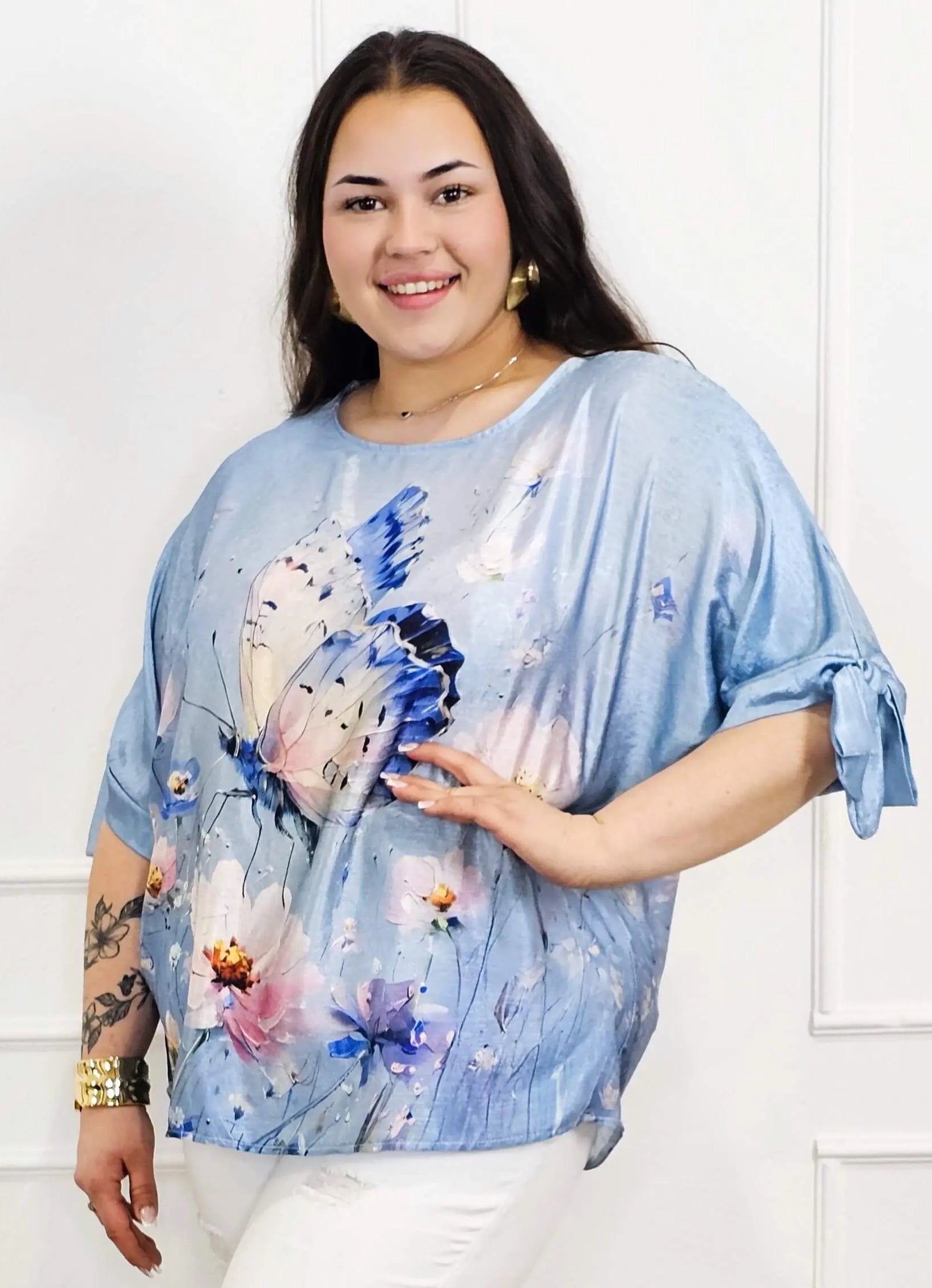 Bluzka plus size z kolorowym nadrukiem i wiązaniem rękawów Stylowa XL