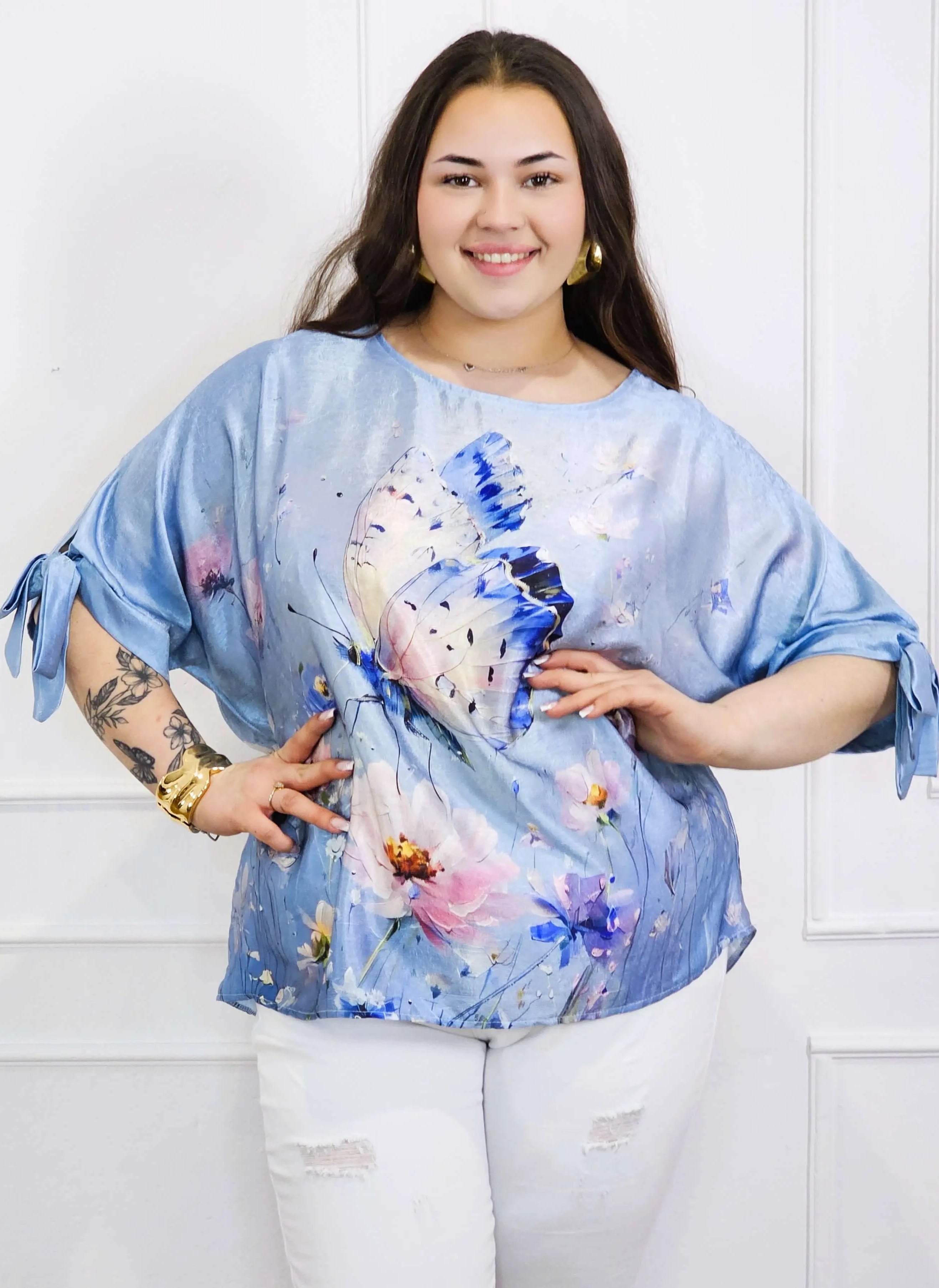 Bluzka plus size z kolorowym nadrukiem i wiązaniem rękawów Stylowa XL