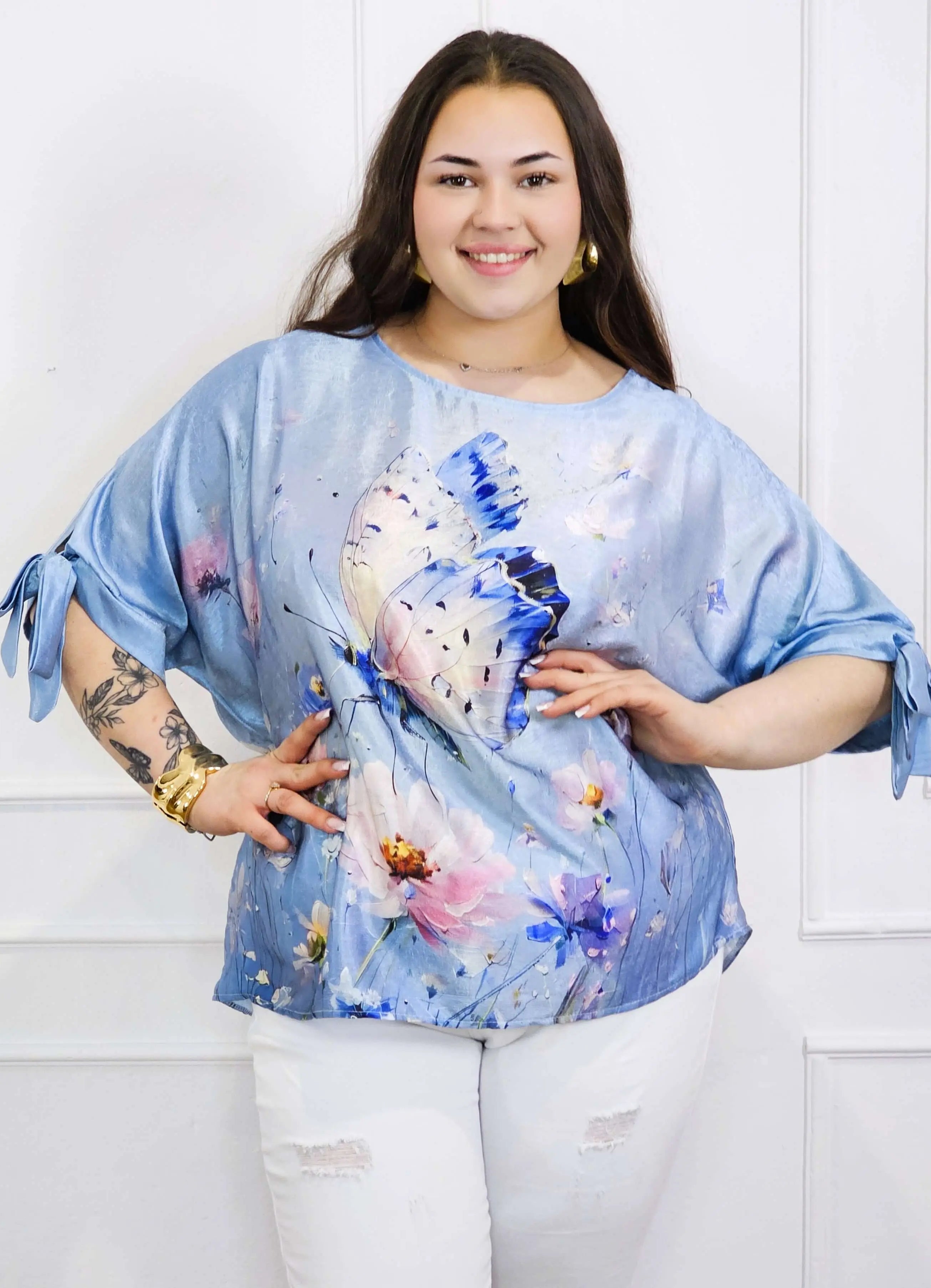 Bluzka plus size z kolorowym nadrukiem i wiązaniem rękawów Stylowa XL