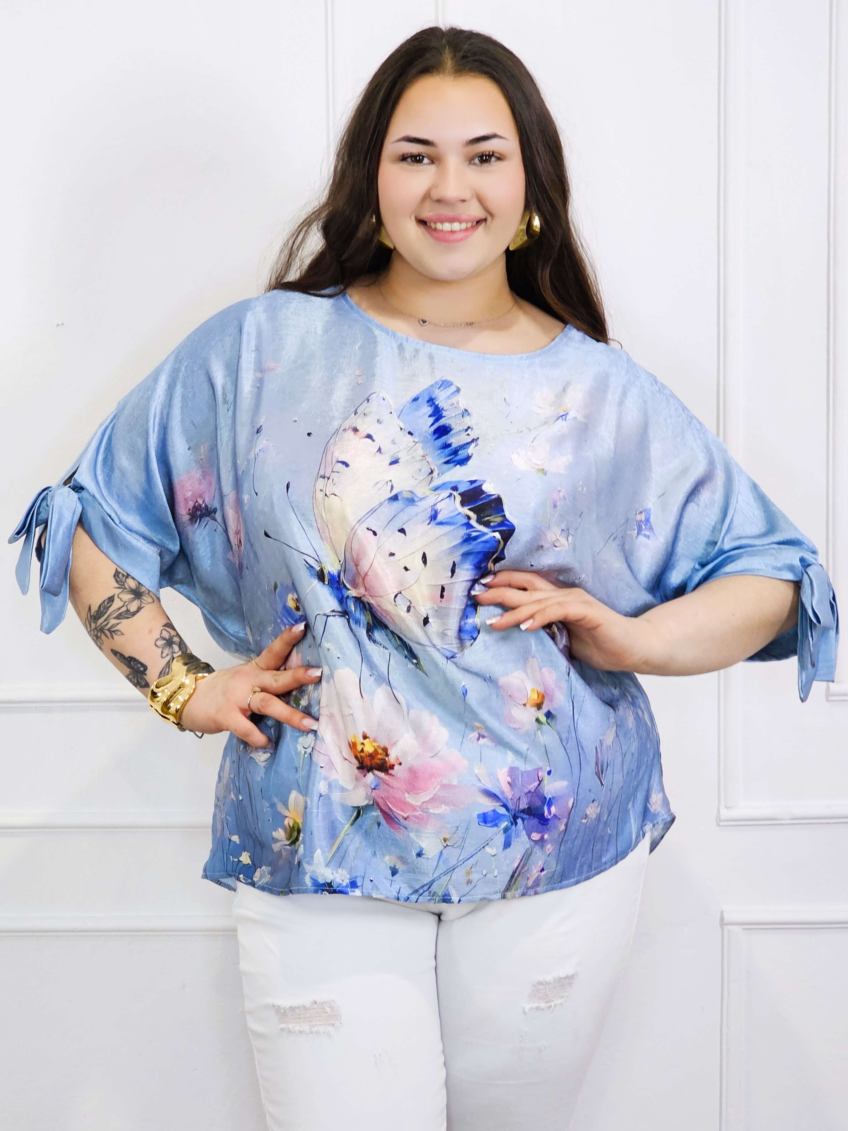 Bluzka plus size z kolorowym nadrukiem i wiązaniem rękawów Stylowa XL