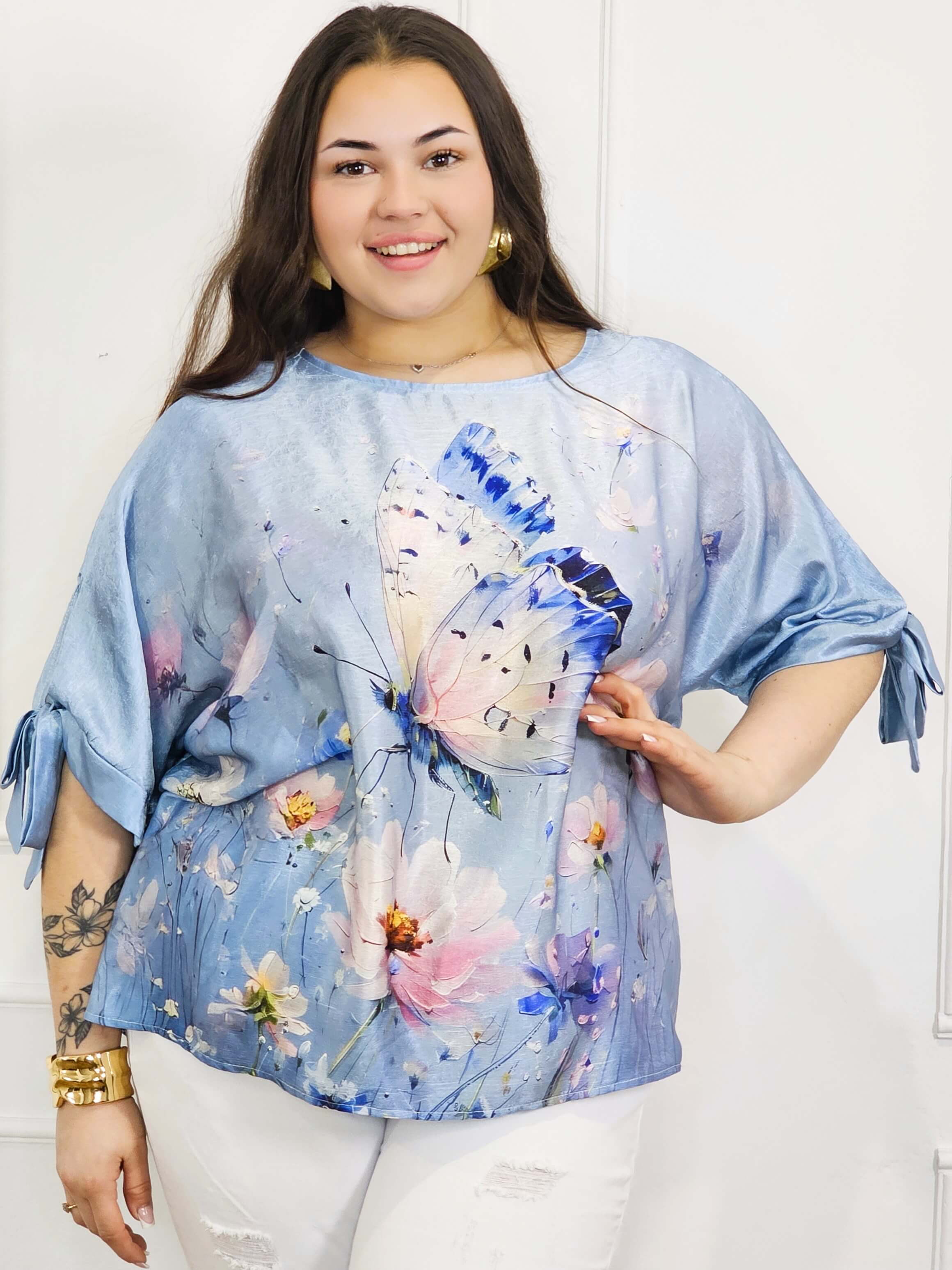 Bluzka plus size z kolorowym nadrukiem i wiązaniem rękawów Stylowa XL