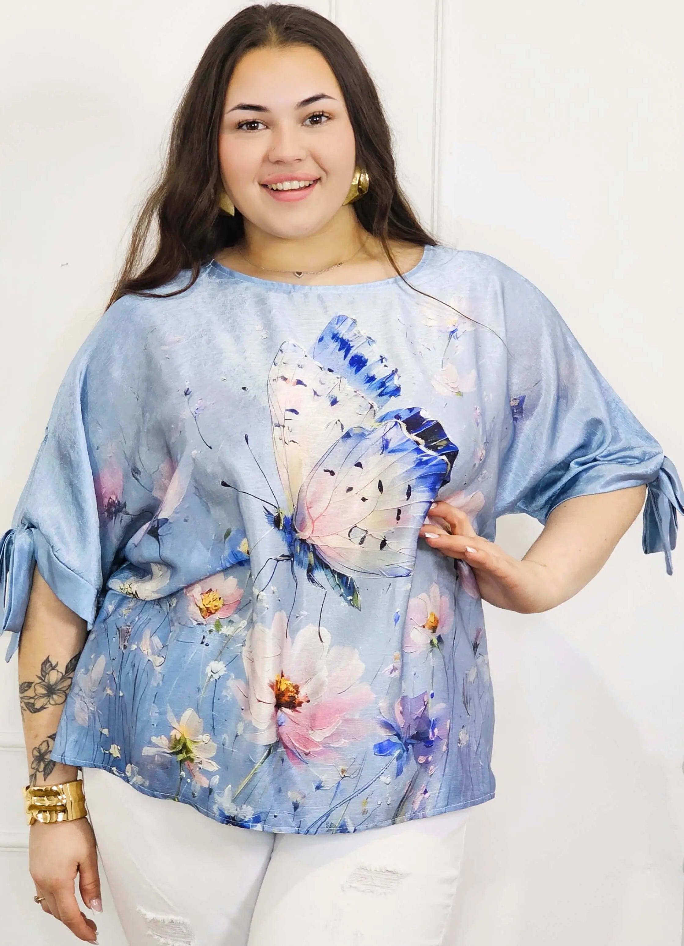 Bluzka plus size z kolorowym nadrukiem i wiązaniem rękawów Stylowa XL