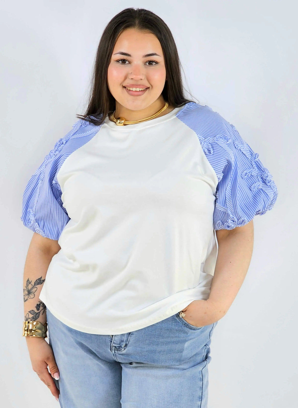 Bluzka plus size z ozdobnymi rękawami w paski lekka i stylowa na wiosnę Stylowa XL