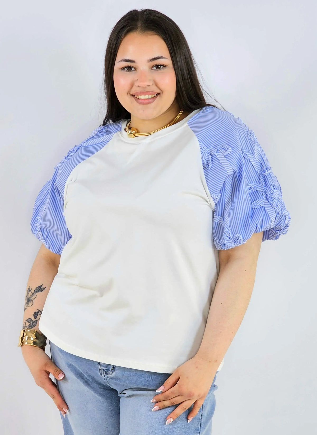 Bluzka plus size z ozdobnymi rękawami w paski lekka i stylowa na wiosnę Stylowa XL