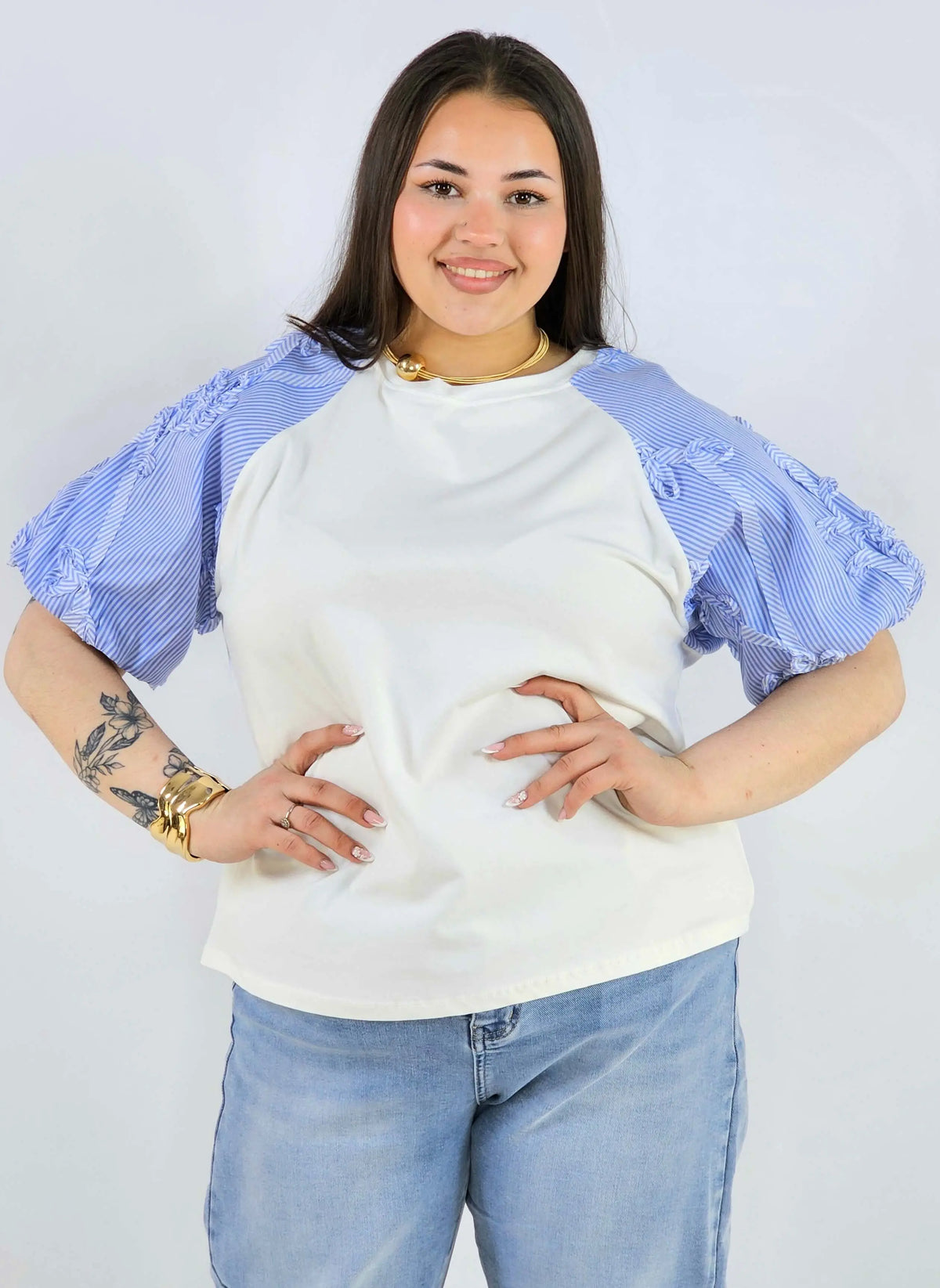 Bluzka plus size z ozdobnymi rękawami w paski lekka i stylowa na wiosnę Stylowa XL