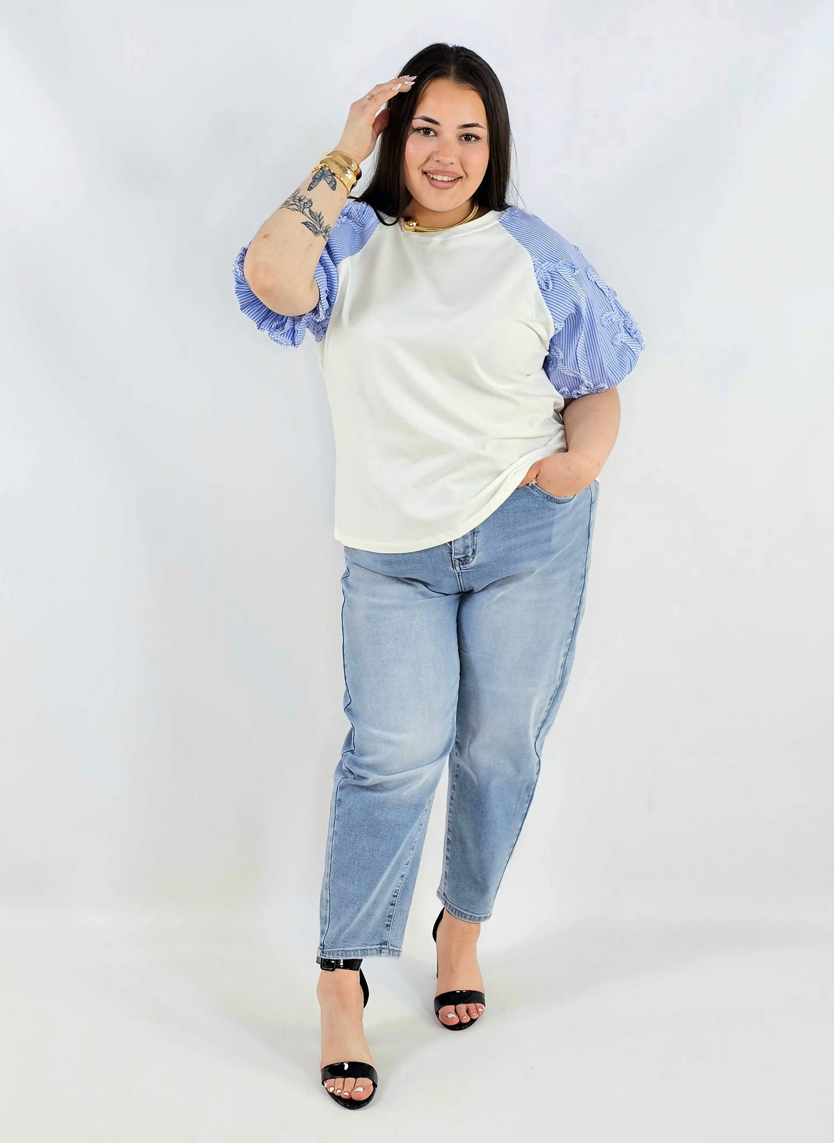 Bluzka plus size z ozdobnymi rękawami w paski lekka i stylowa na wiosnę Stylowa XL