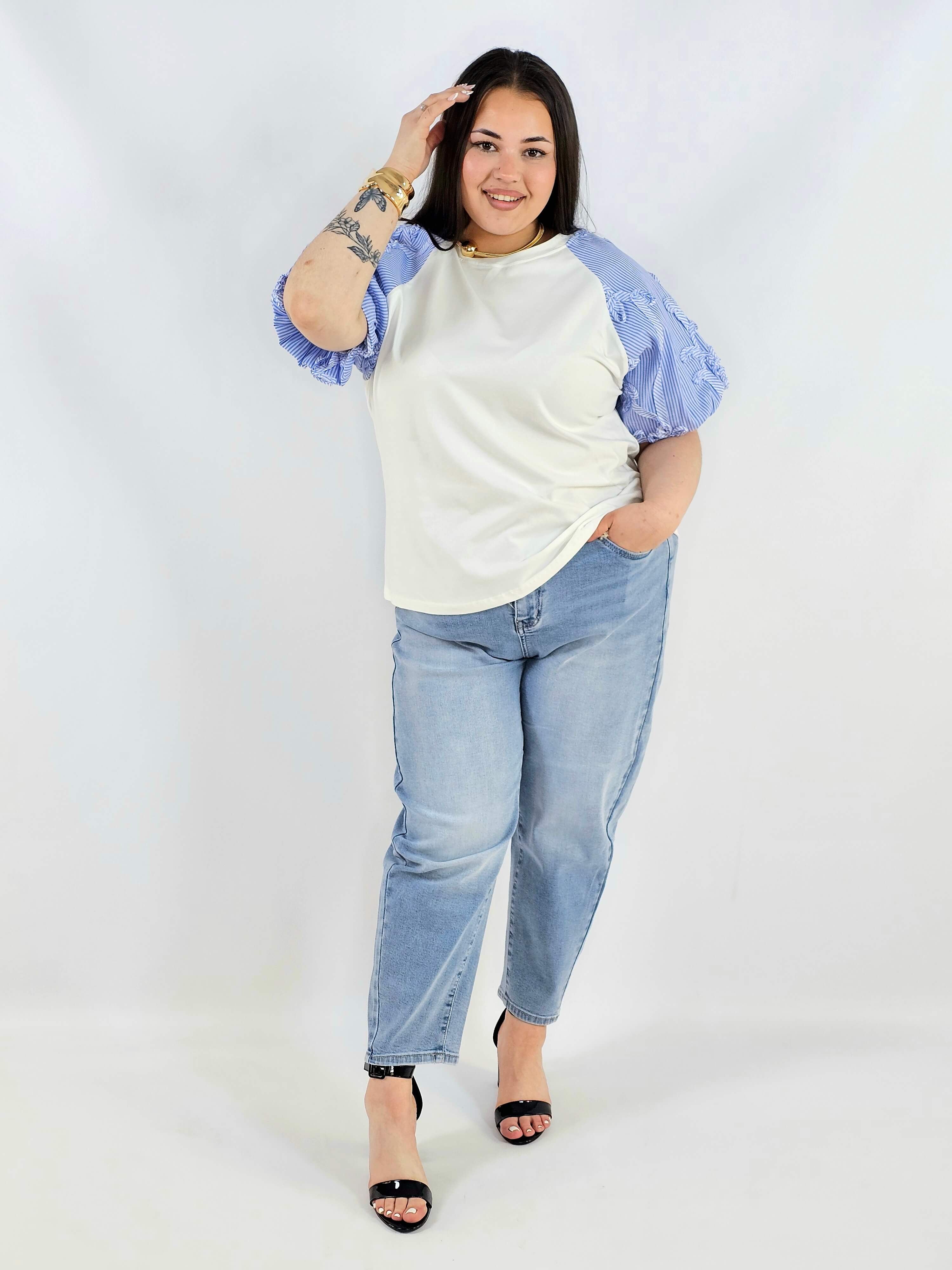 Bluzka plus size z ozdobnymi rękawami w paski lekka i stylowa na wiosnę Stylowa XL