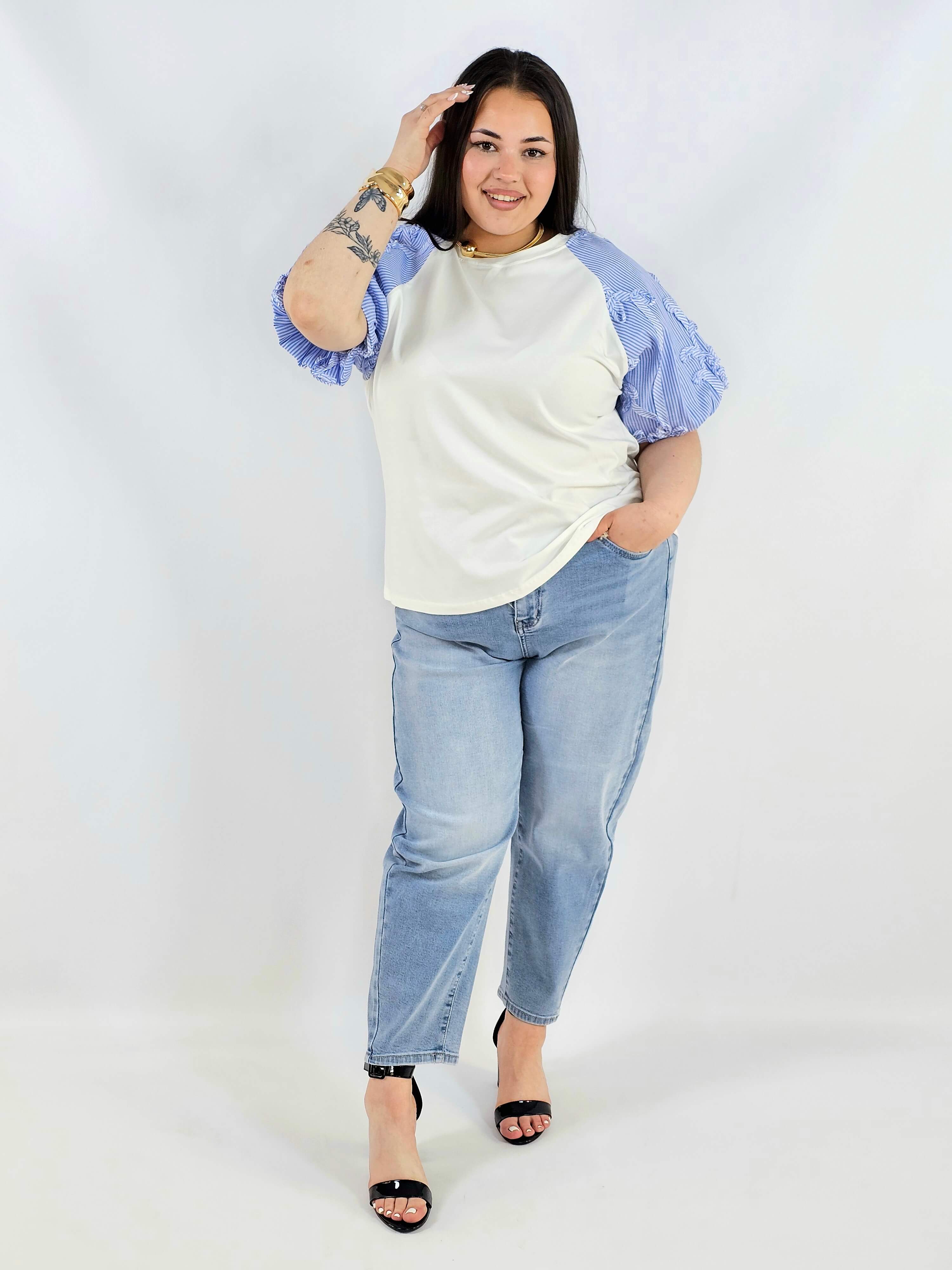Bluzka plus size z ozdobnymi rękawami w paski lekka i stylowa na wiosnę Stylowa XL