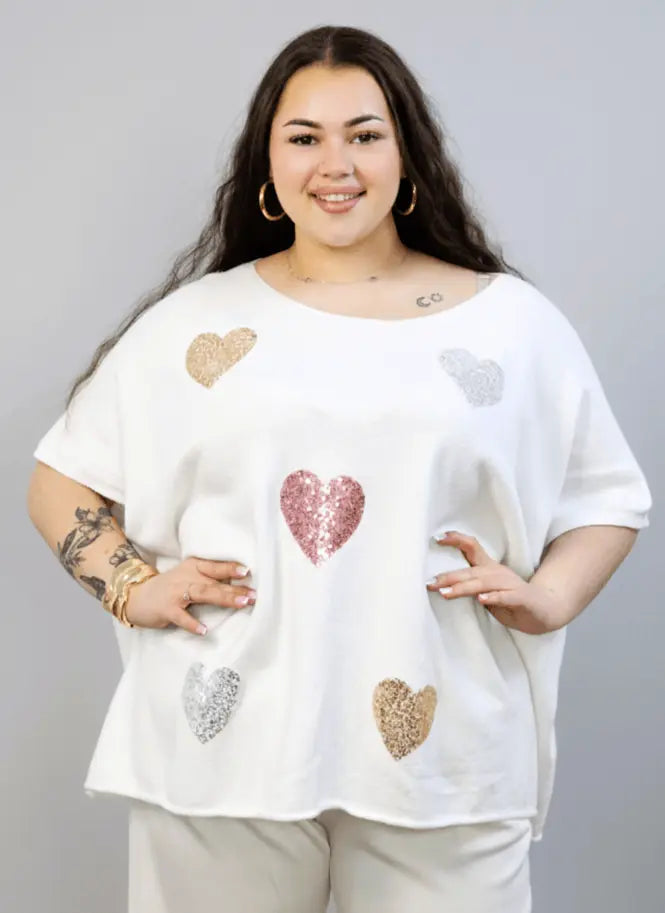 Bluzka sweterkowa plus size z sercami – luźna bluzka XXL z ozdobnym motywem Stylowa XL