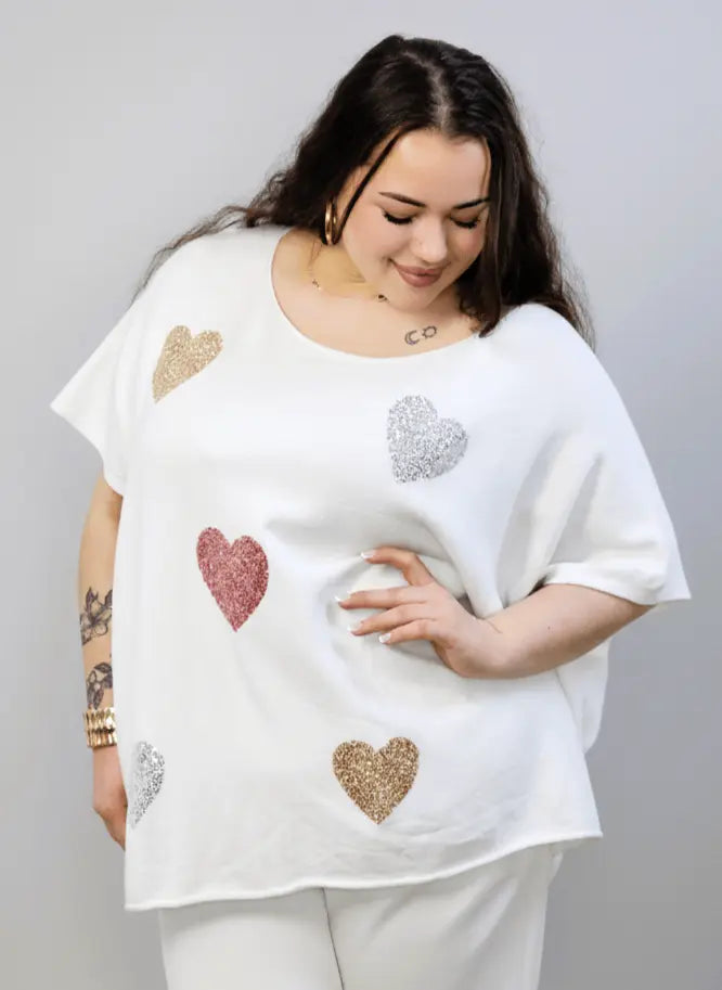 Bluzka sweterkowa plus size z sercami – luźna bluzka XXL z ozdobnym motywem Stylowa XL