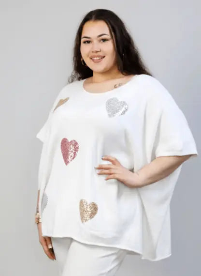 Bluzka sweterkowa plus size z sercami – luźna bluzka XXL z ozdobnym motywem Stylowa XL