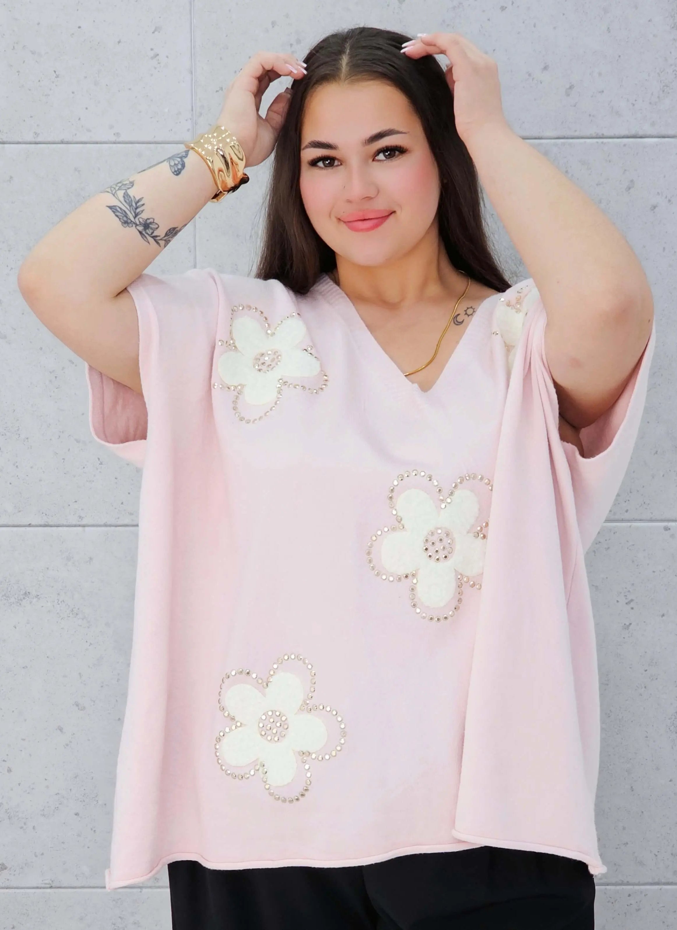 Bluzka sweterkowa z krótkim rękawem w kwiaty Stylowa XL