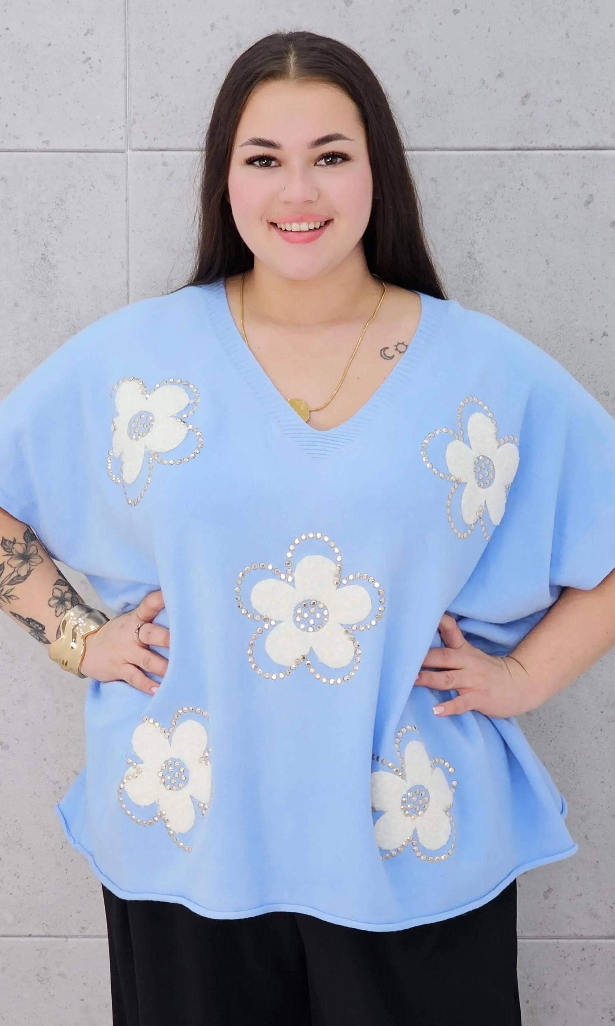 Bluzka sweterkowa z krótkim rękawem w kwiaty Stylowa XL