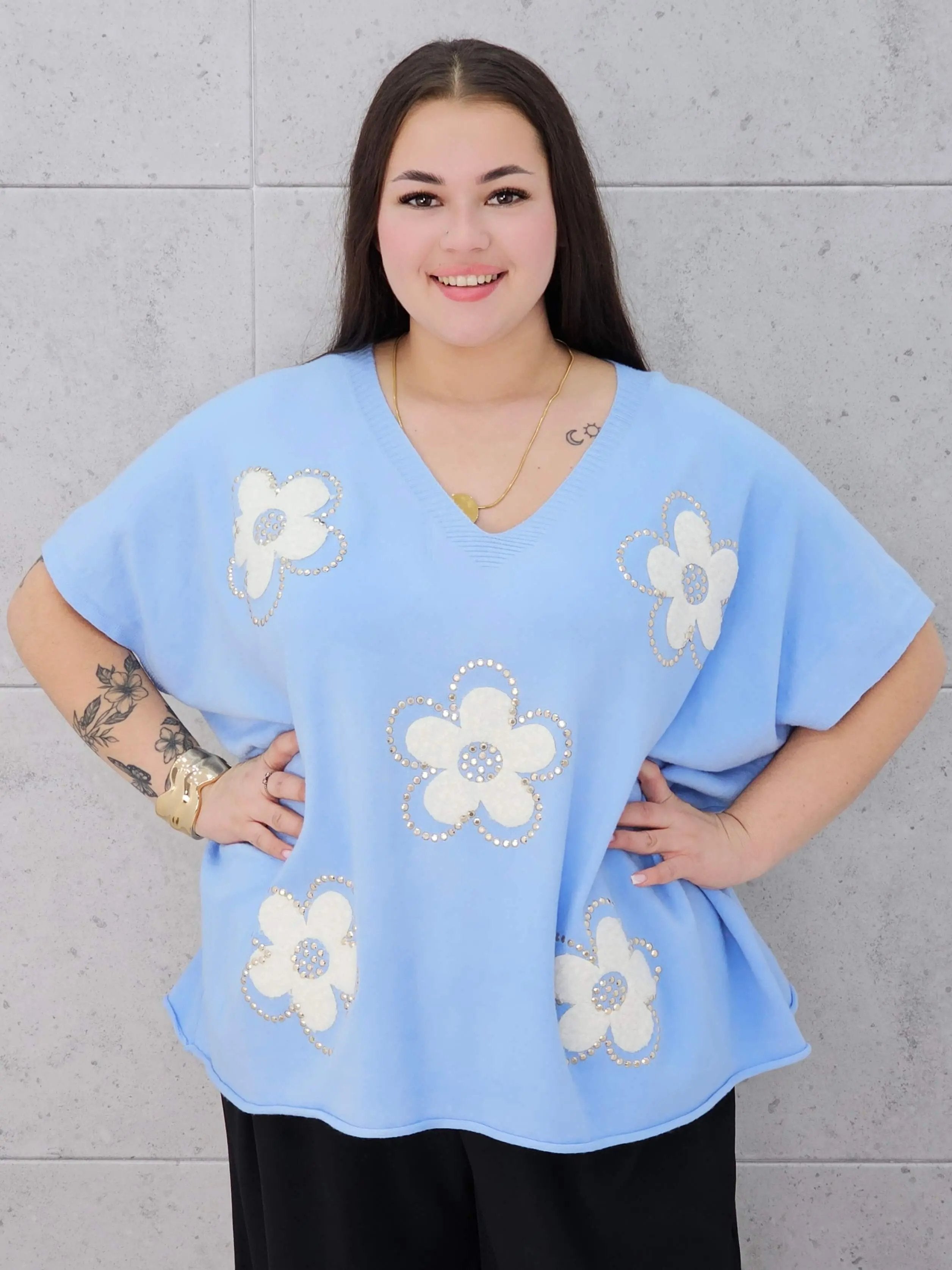 Bluzka sweterkowa z krótkim rękawem w kwiaty Stylowa XL