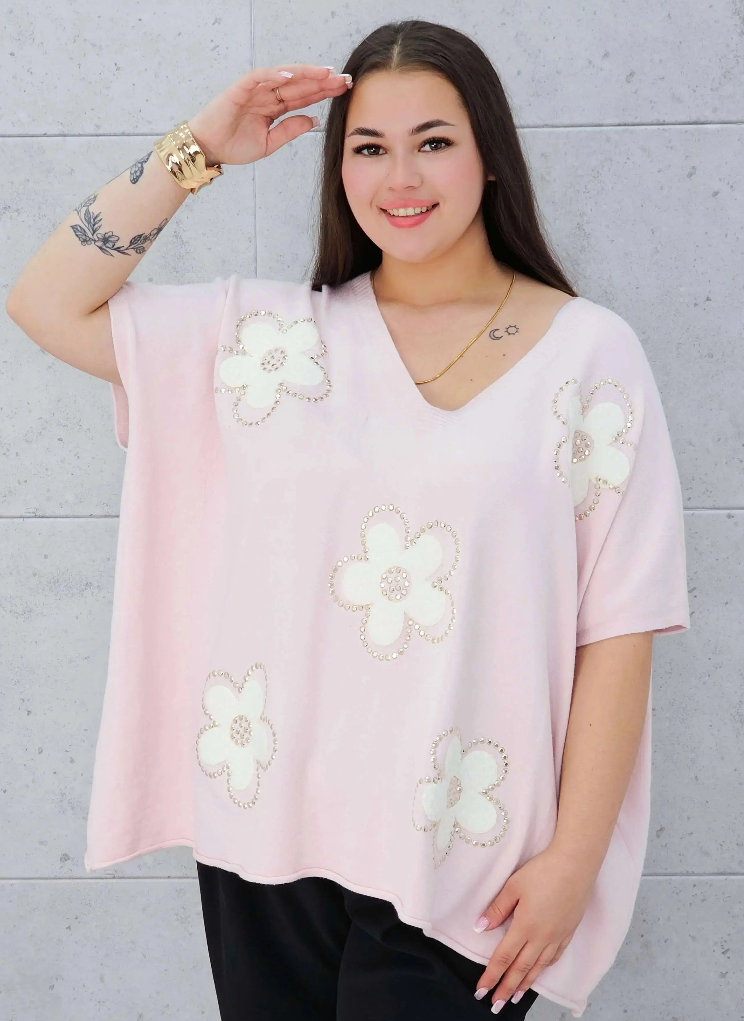 Bluzka sweterkowa z krótkim rękawem w kwiaty Stylowa XL