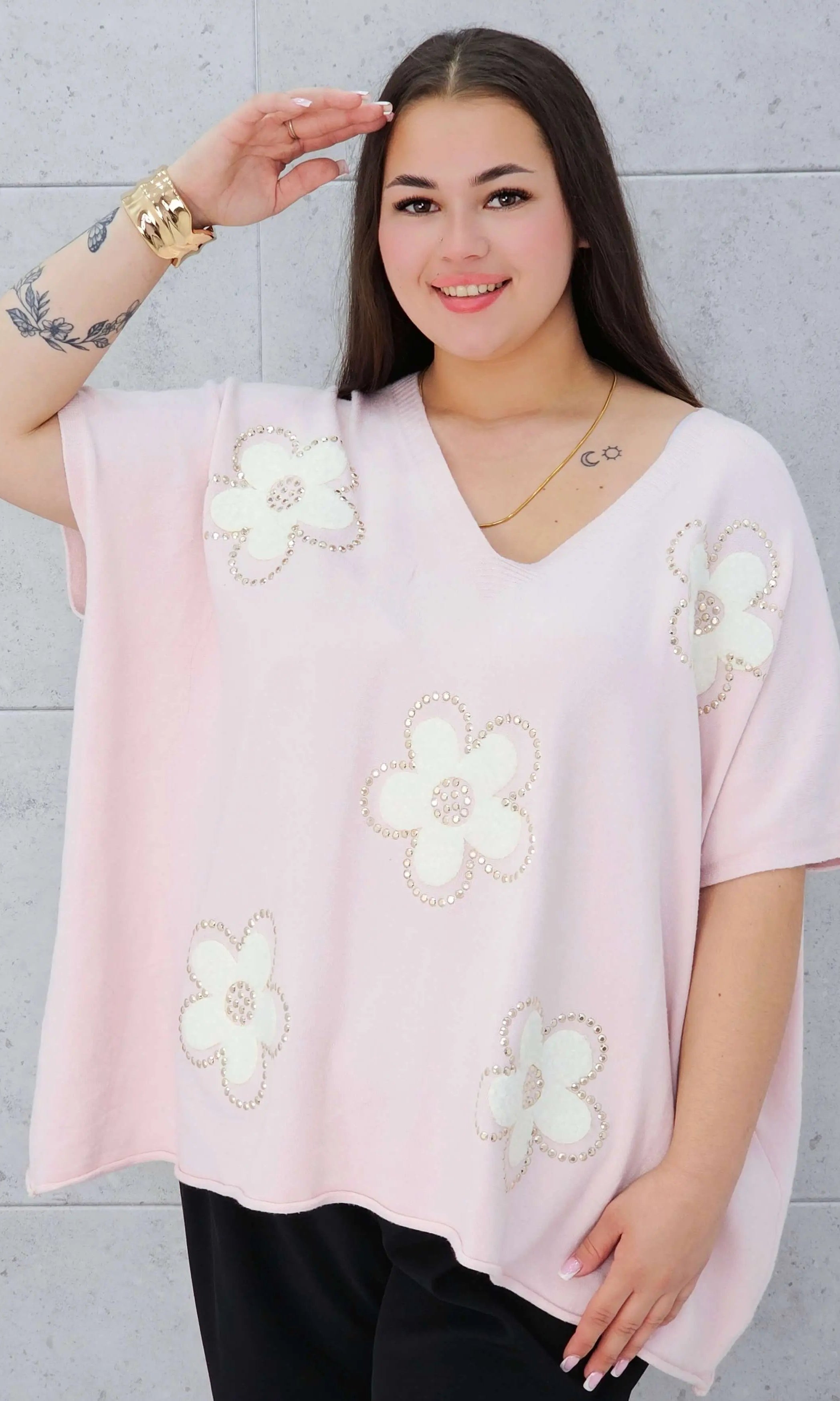 Bluzka sweterkowa z krótkim rękawem w kwiaty Stylowa XL