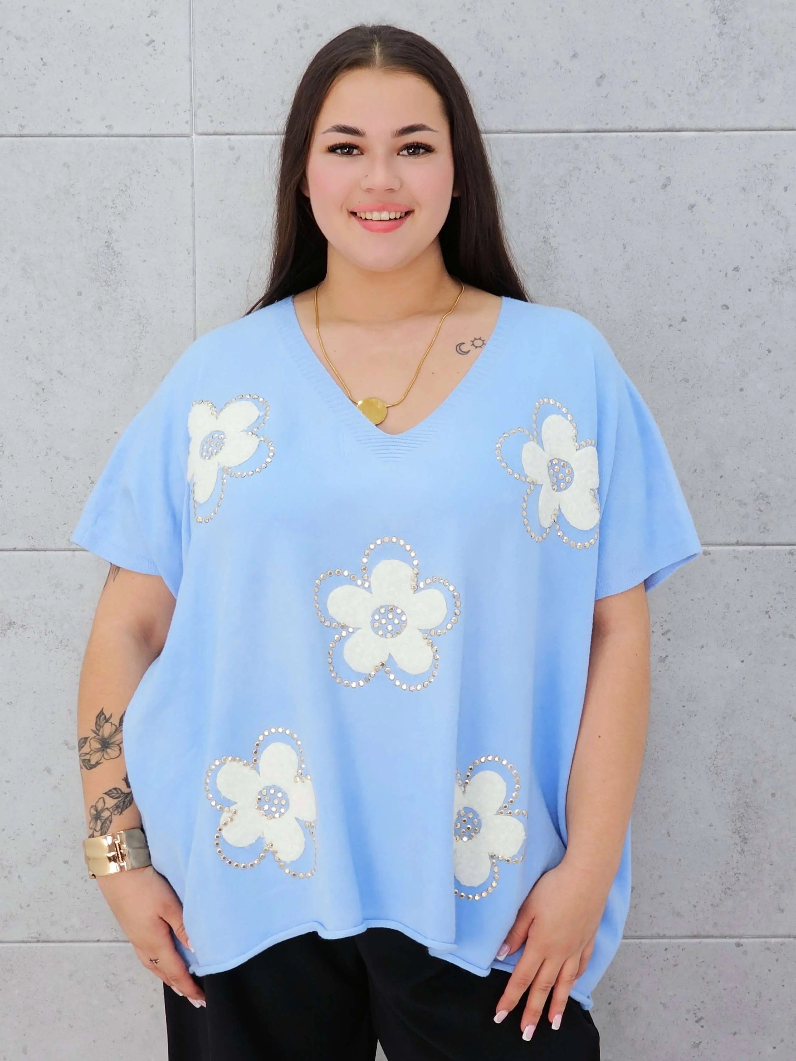 Bluzka sweterkowa z krótkim rękawem w kwiaty Stylowa XL